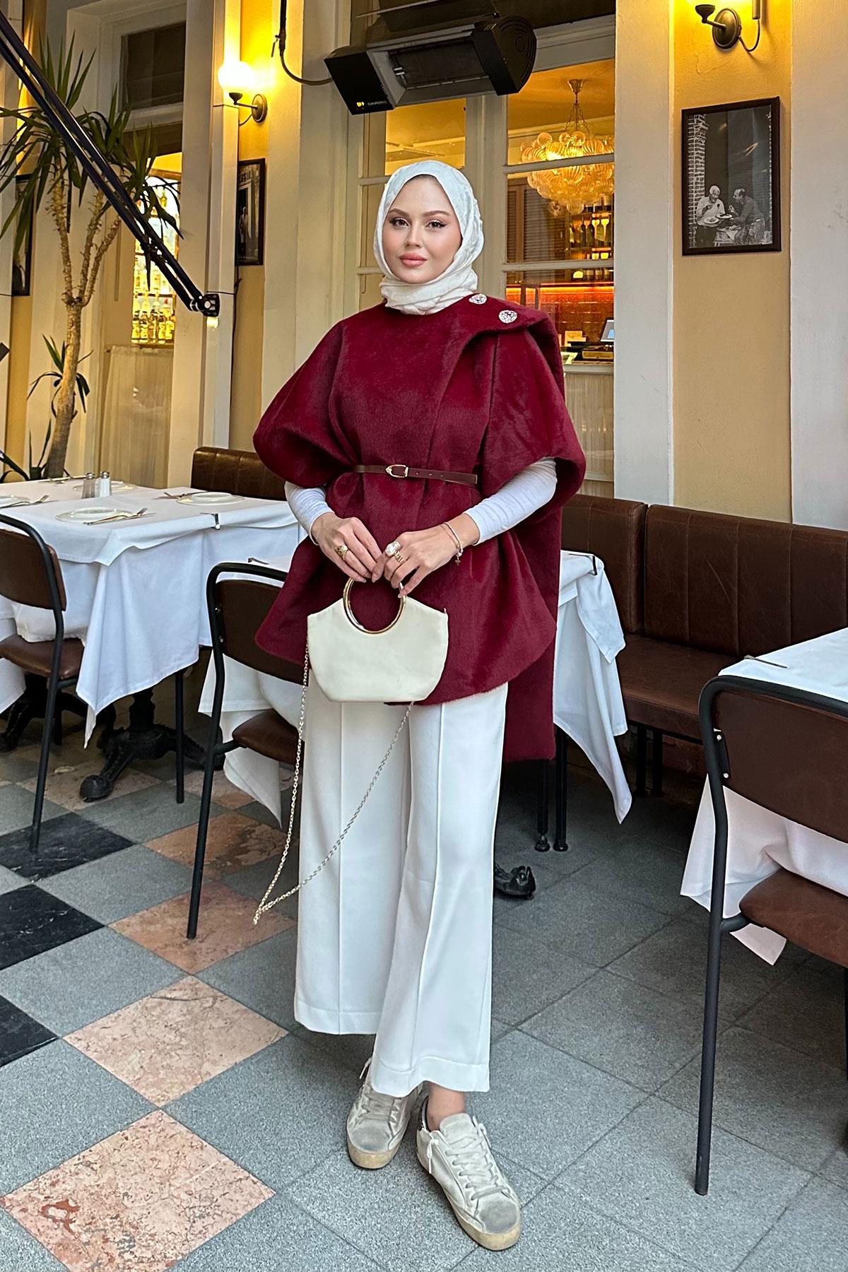 Şal Detay Kemerli Yelek Bordo