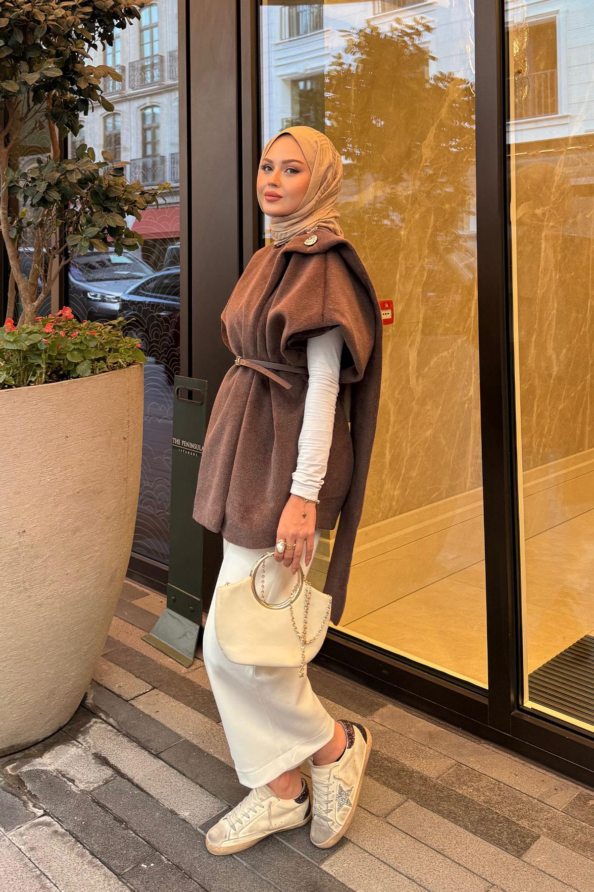 Şal Detay Kemerli Yelek Kahverengi