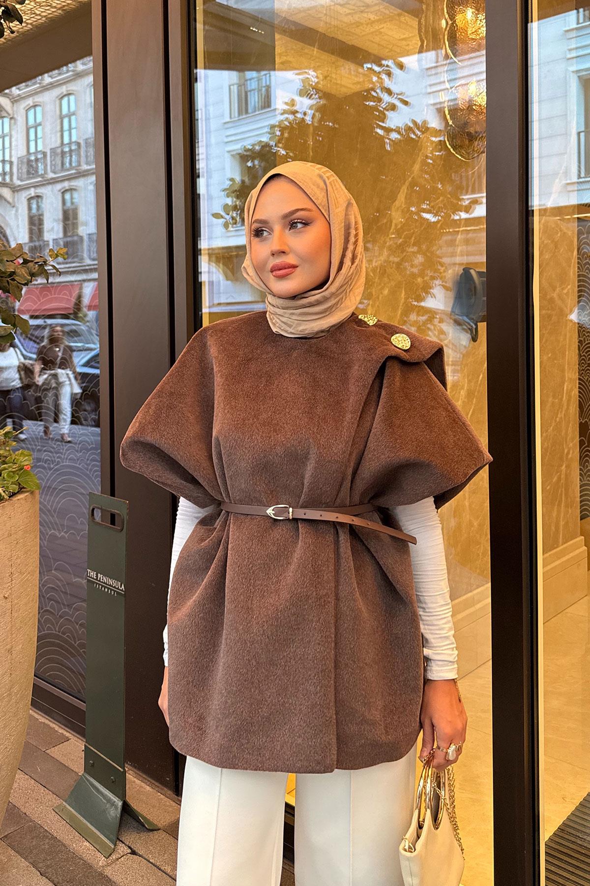 Şal Detay Kemerli Yelek Kahverengi