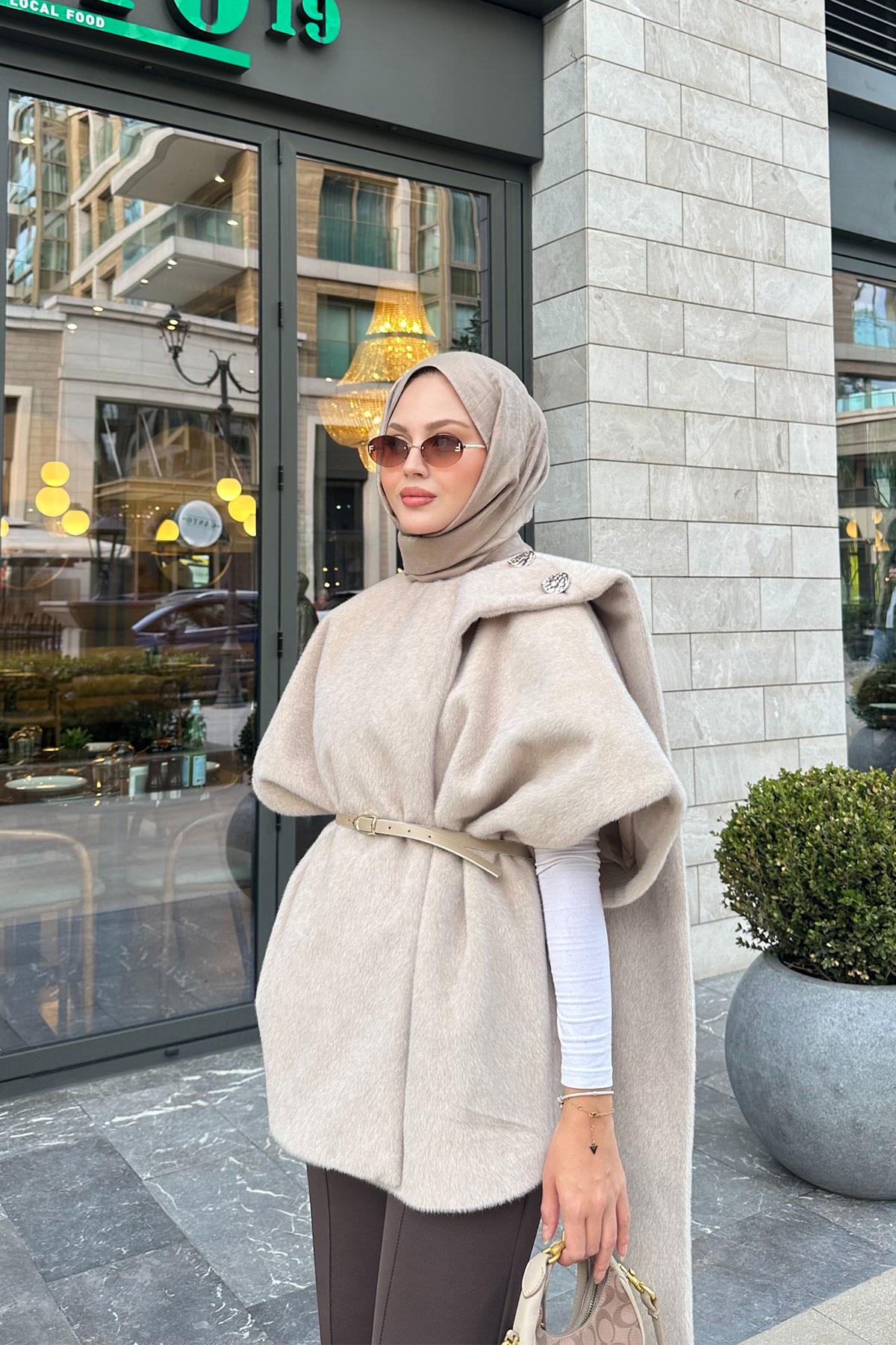 Şal Detay Kemerli Yelek Krem