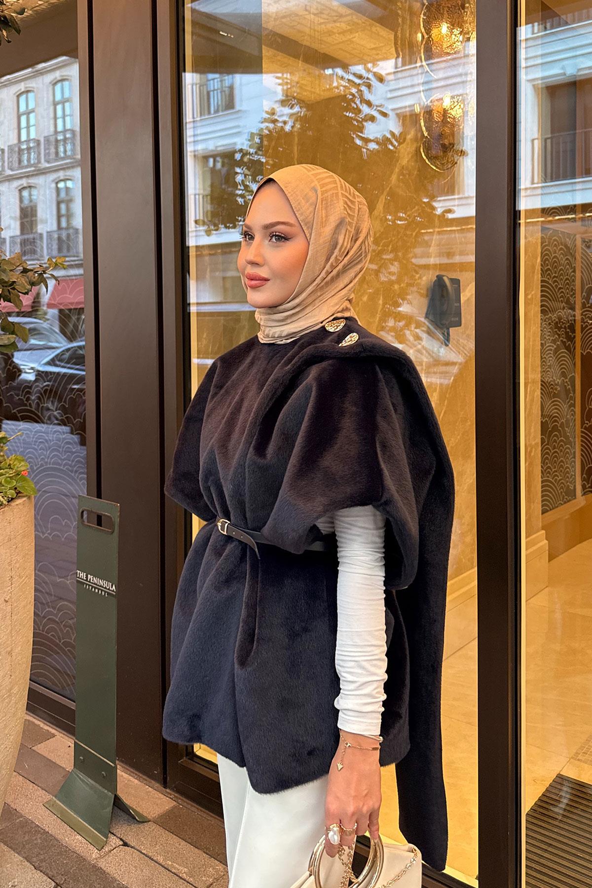 Şal Detay Kemerli Yelek Lacivert