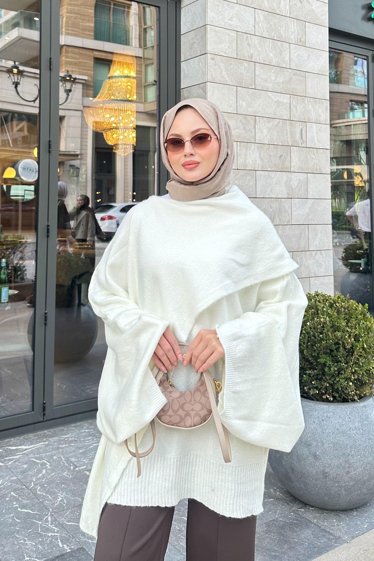 Şal Detaylı Kazak Beyaz