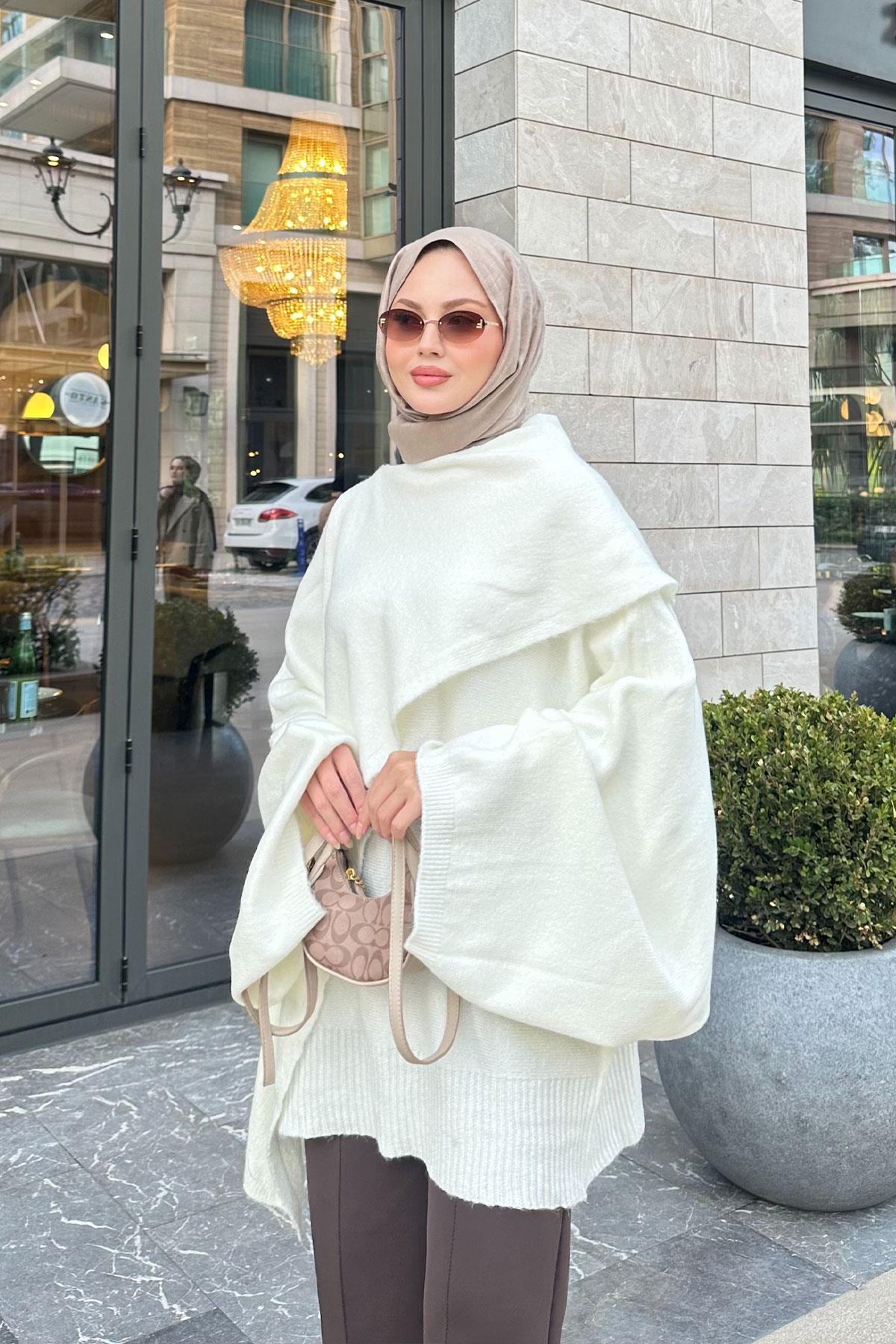 Şal Detaylı Kazak Beyaz