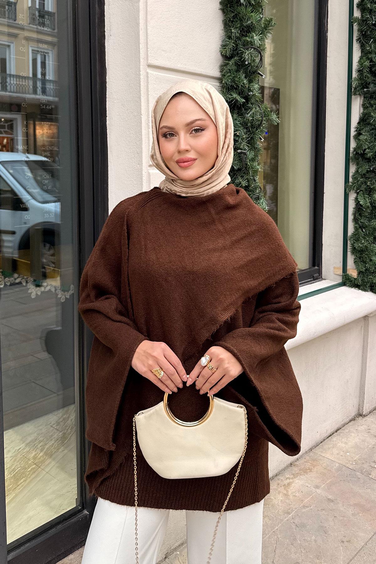 Şal Detaylı Kazak Kahverengi