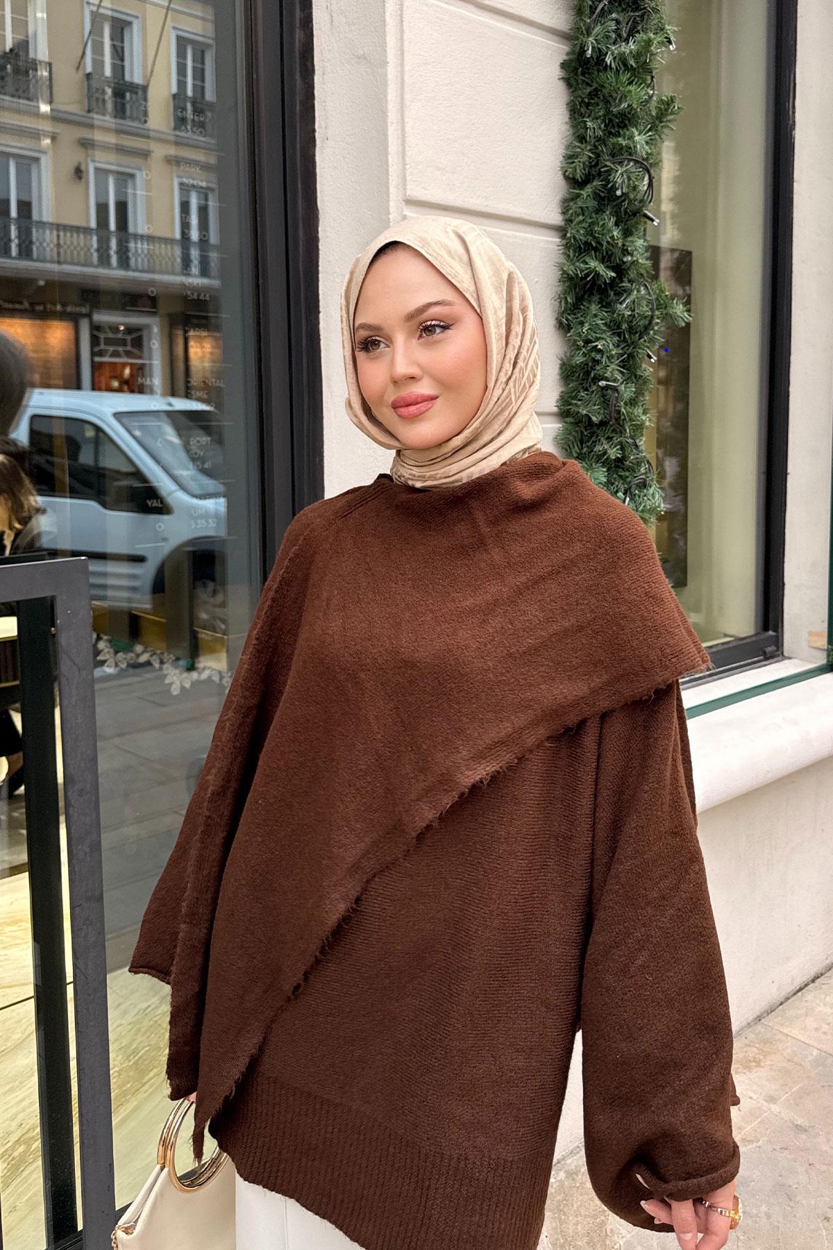 Şal Detaylı Kazak Kahverengi