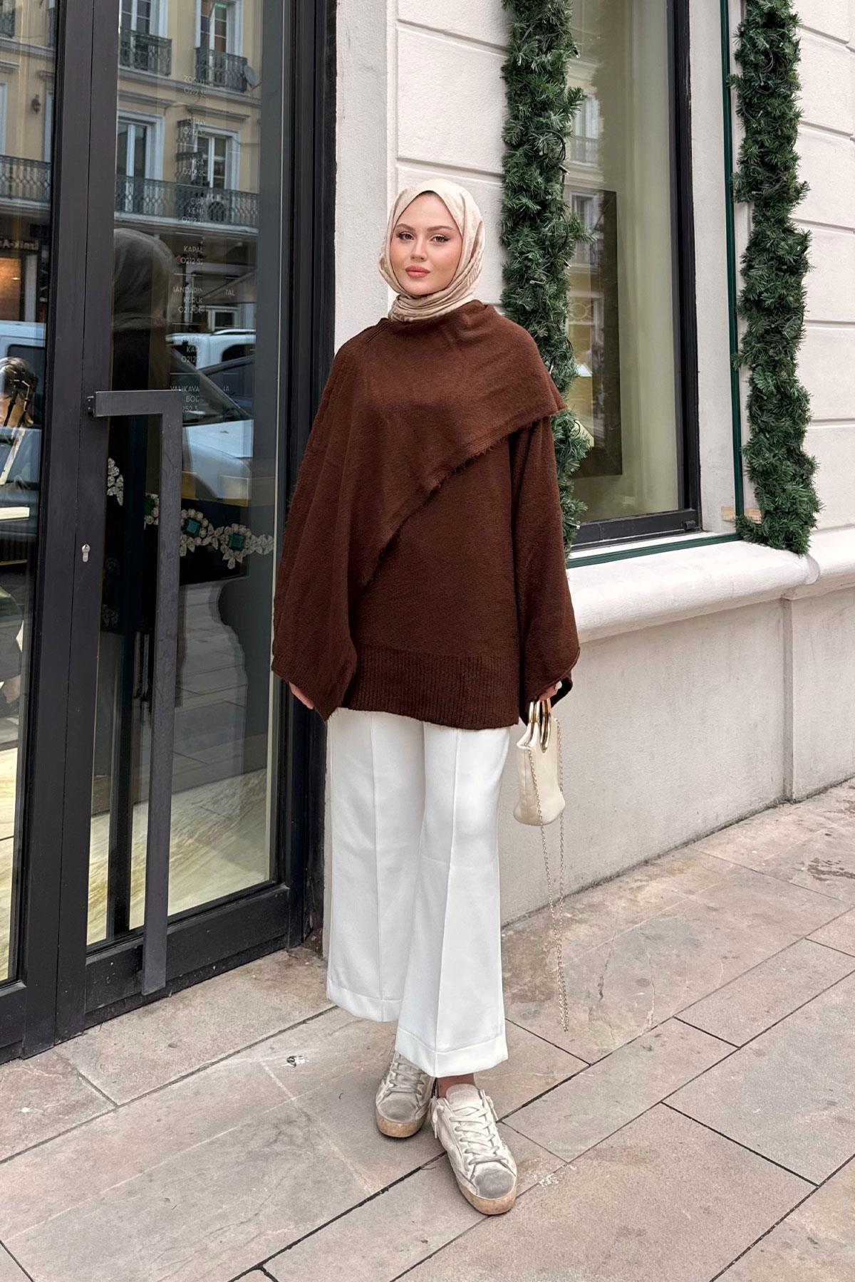 Şal Detaylı Kazak Kahverengi