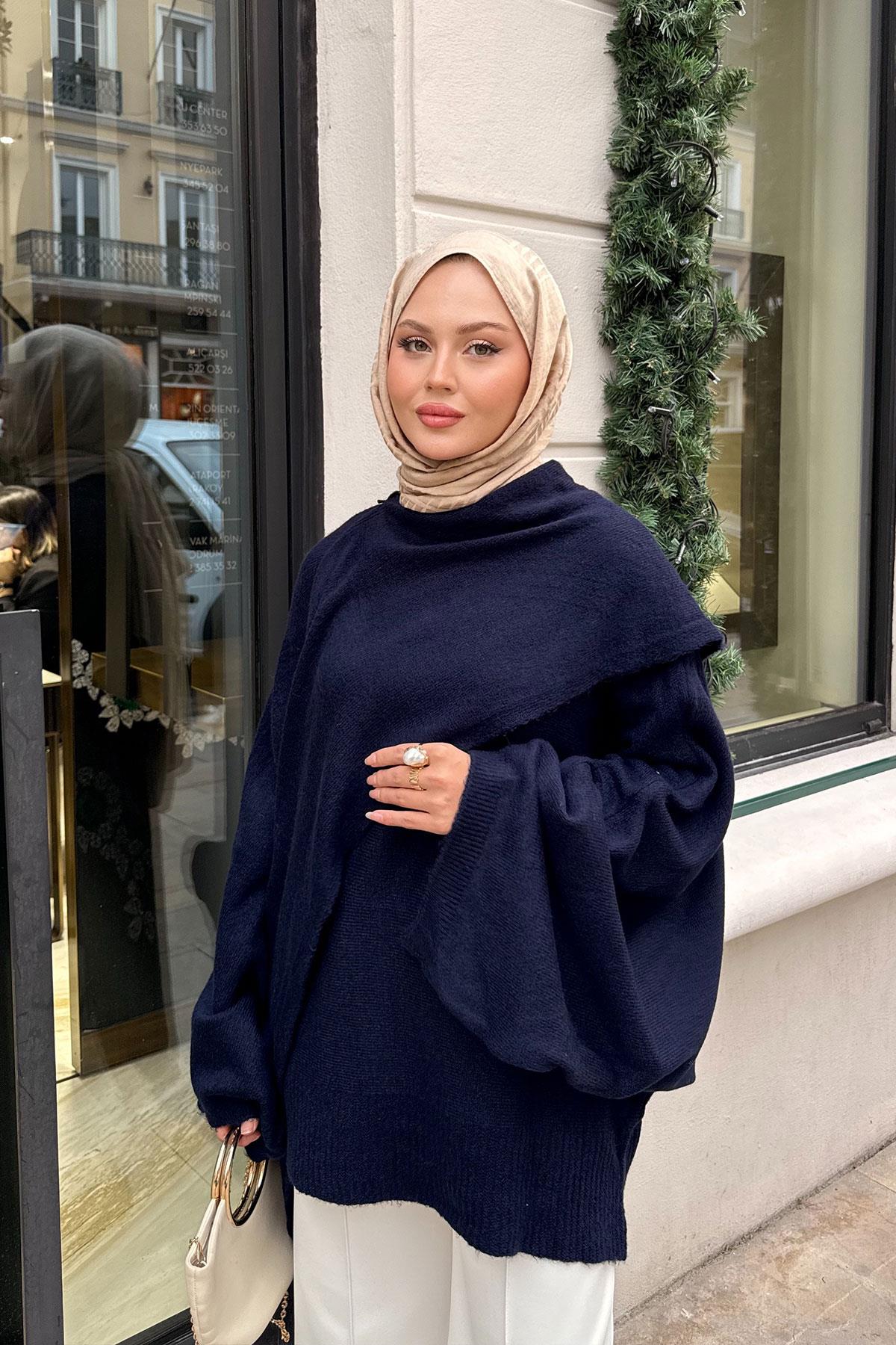 Şal Detaylı Kazak Lacivert