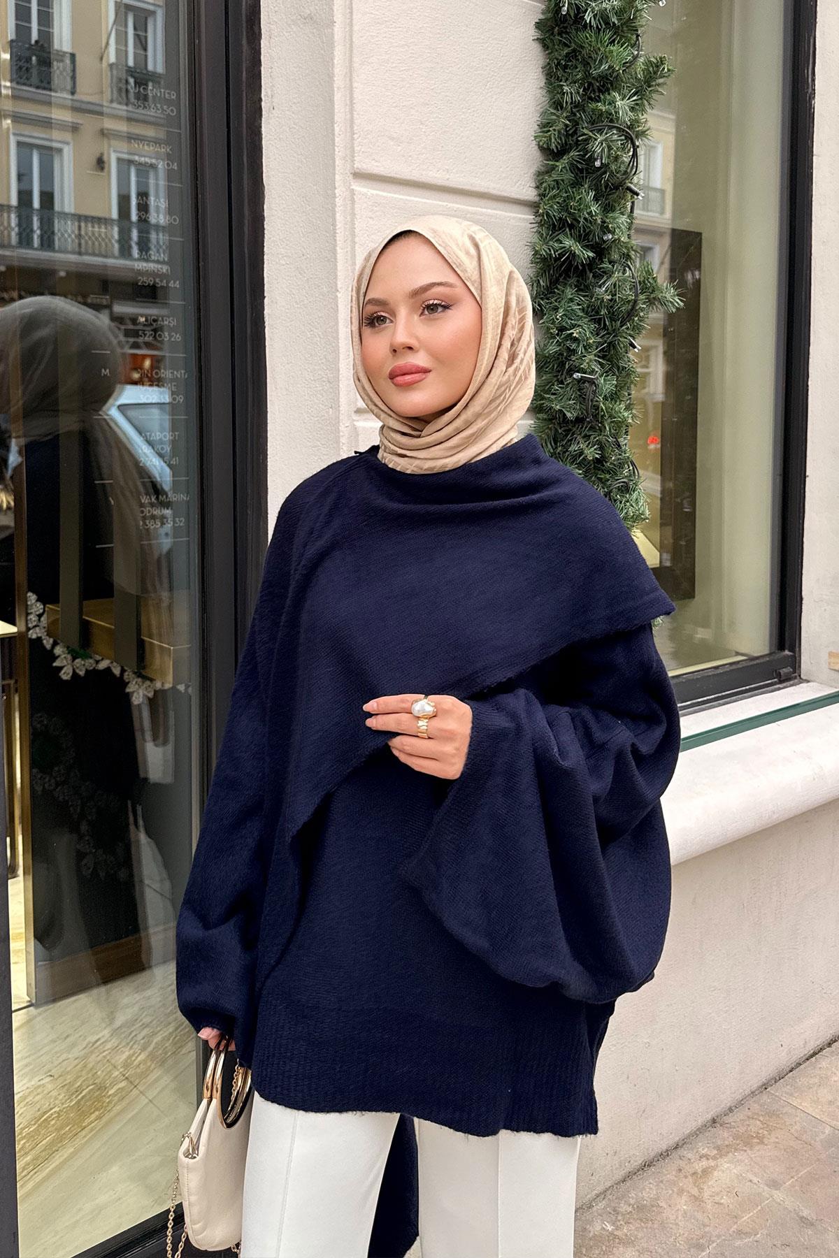 Şal Detaylı Kazak Lacivert