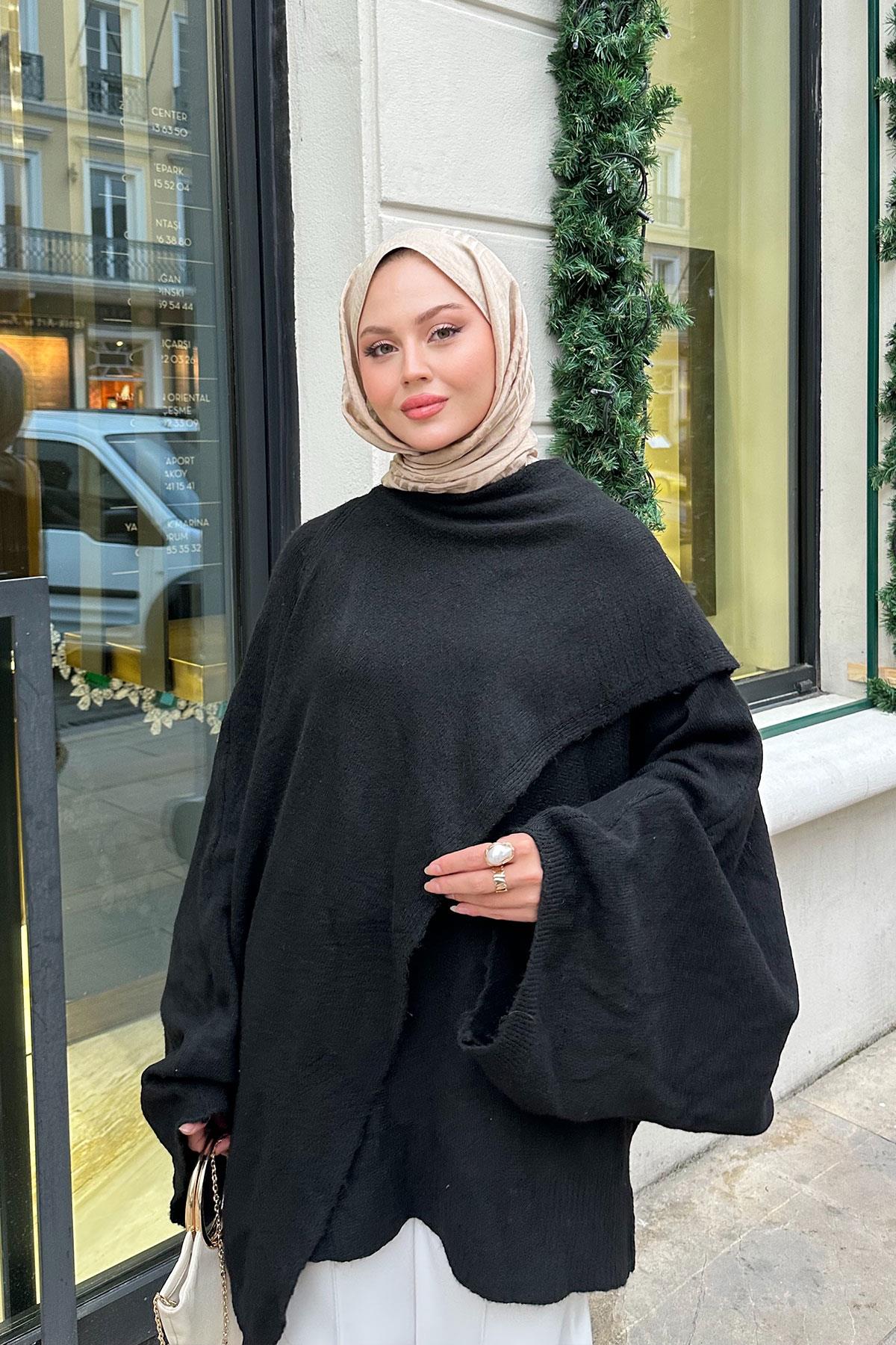 Şal Detaylı Kazak Siyah