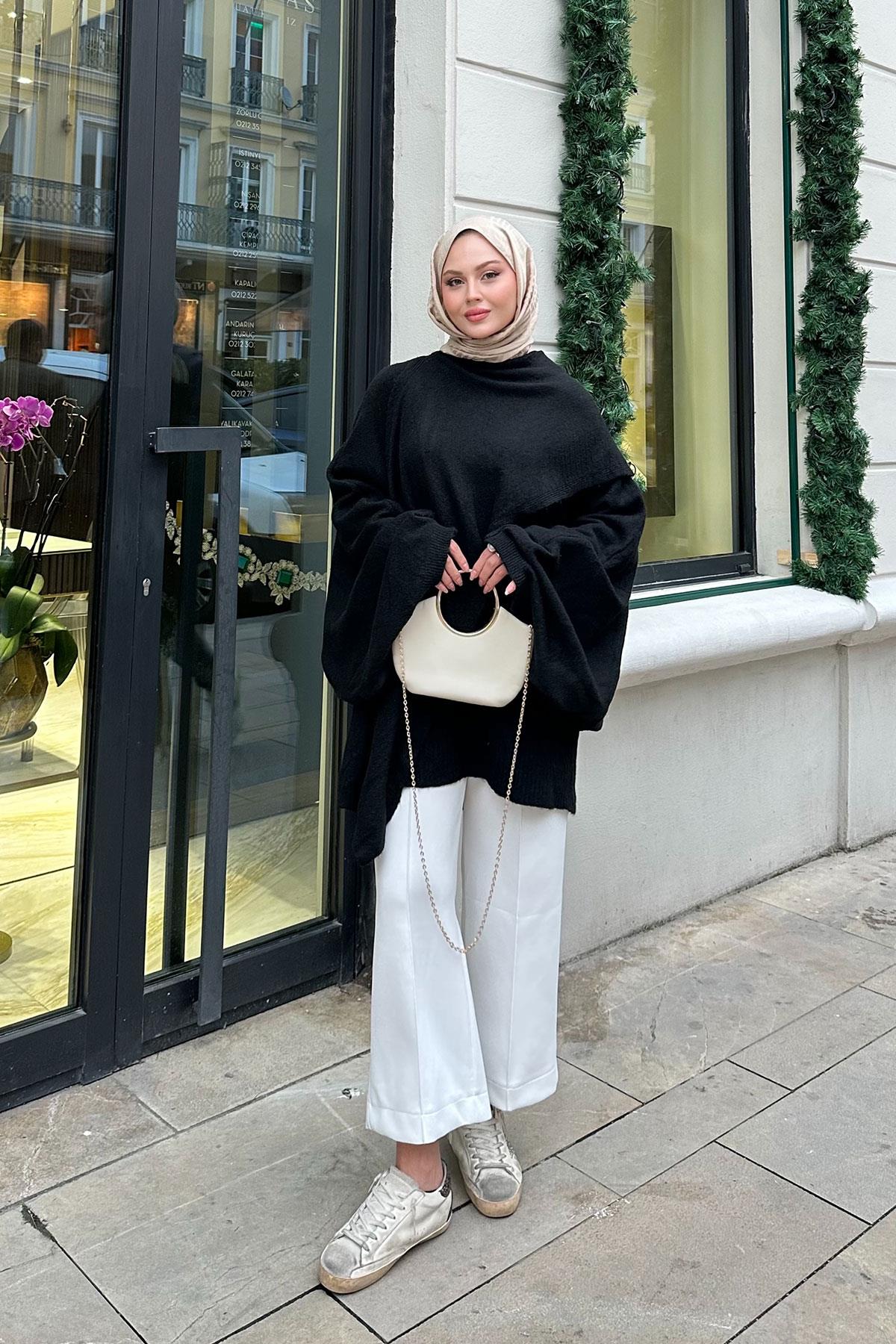 Şal Detaylı Kazak Siyah