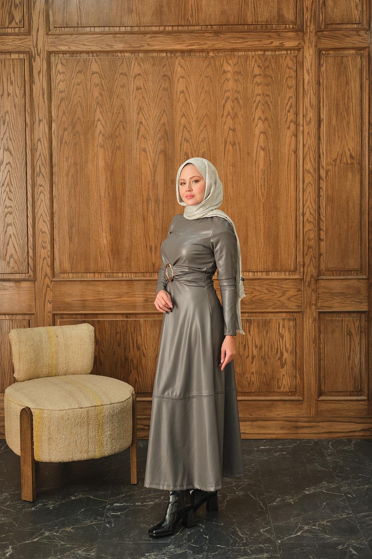 Şardonlu Deri Elbise Antrasit