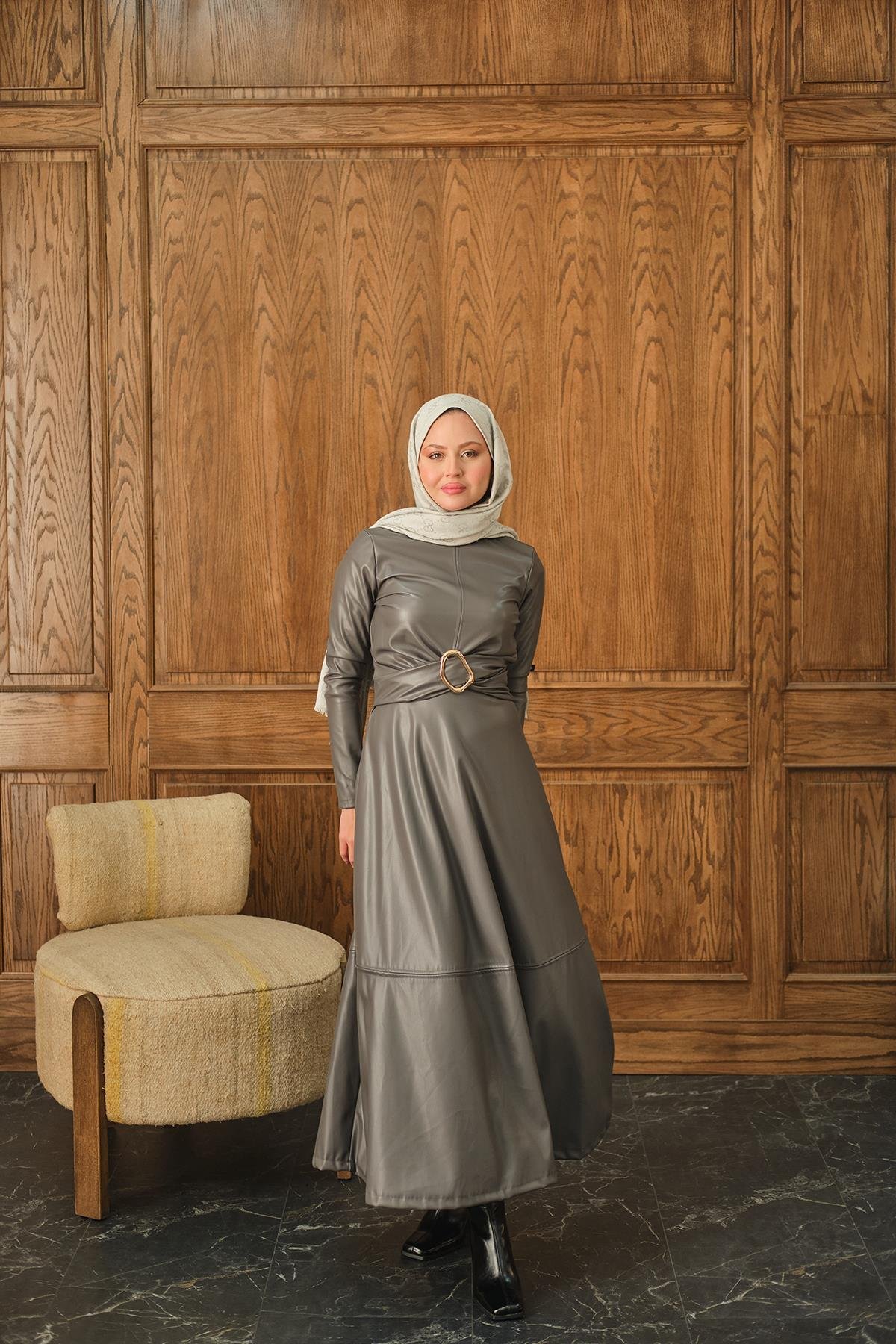 Şardonlu Deri Elbise Antrasit