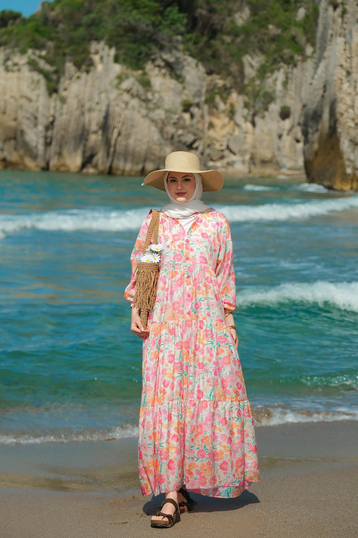 Sarmaşık Çicek Desenli Elbise Pembe