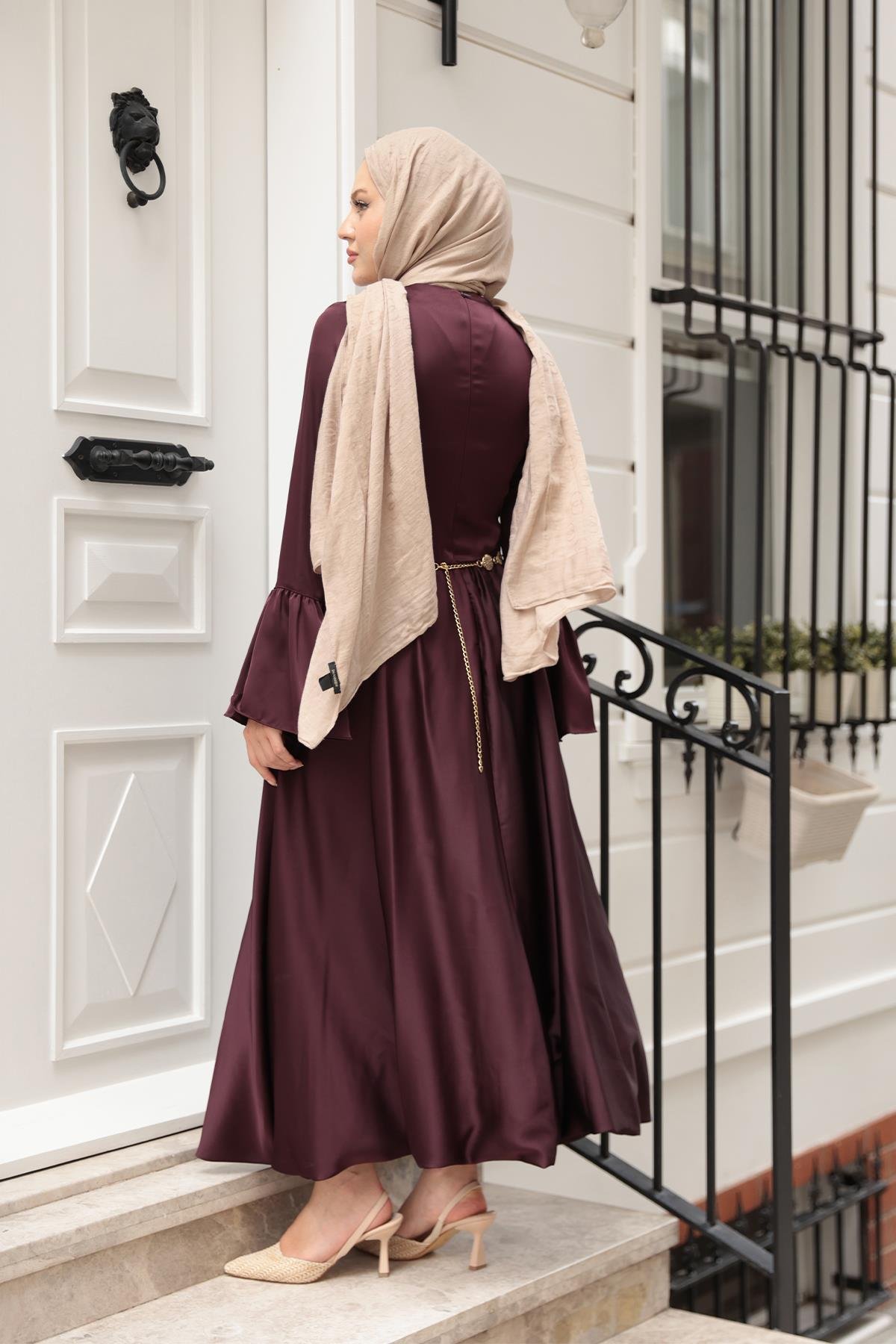 Saten Kiloş Etekli Elbise Mürdüm