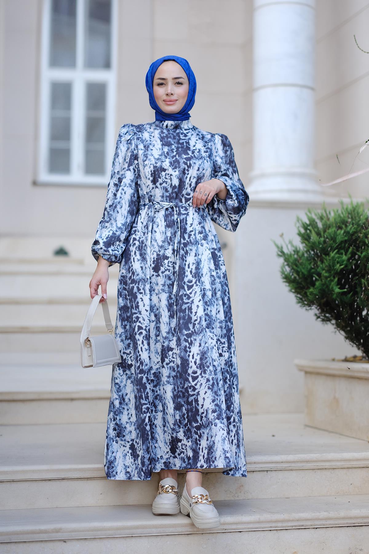 Saten Leopar Desen Bel Bağlamalı Elbise Mavi