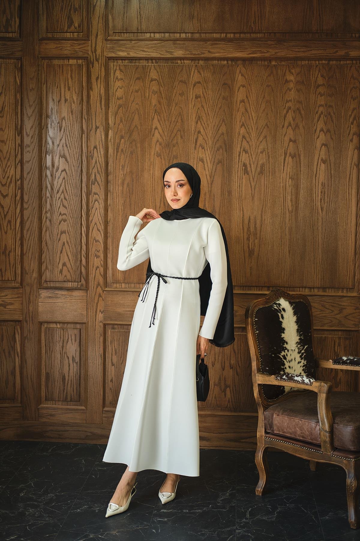 Scuba Puf Detay Elbise Beyaz