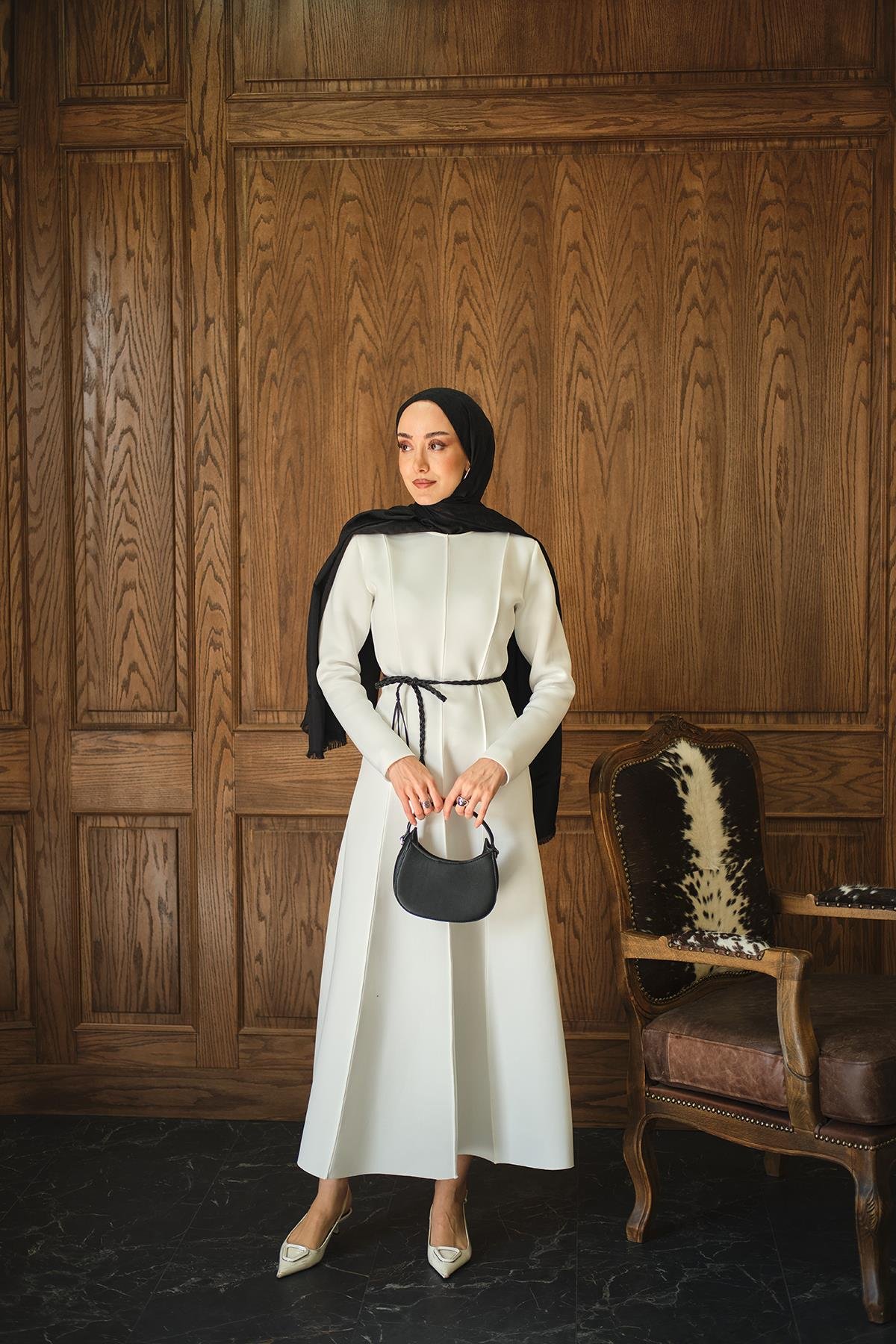 Scuba Puf Detay Elbise Beyaz