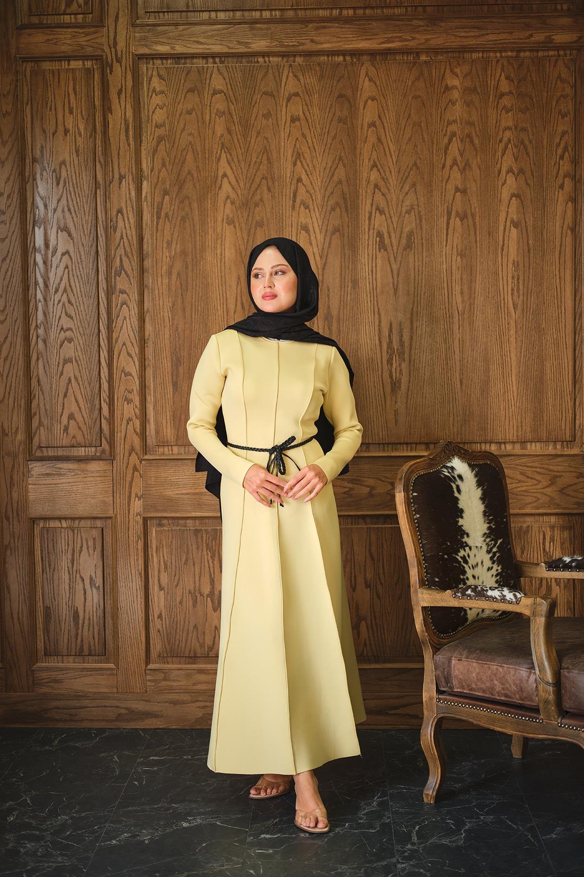 Scuba Puf Detay Elbise Sarı