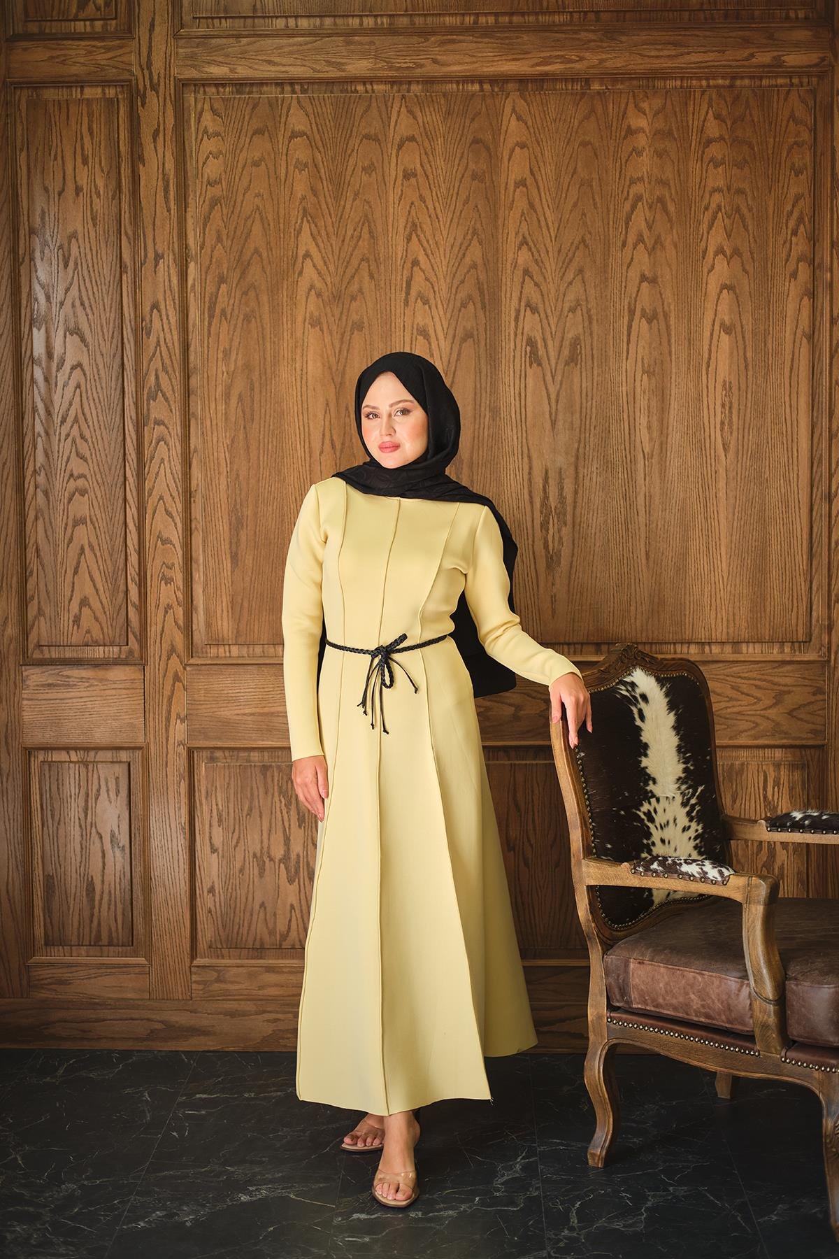 Scuba Puf Detay Elbise Sarı