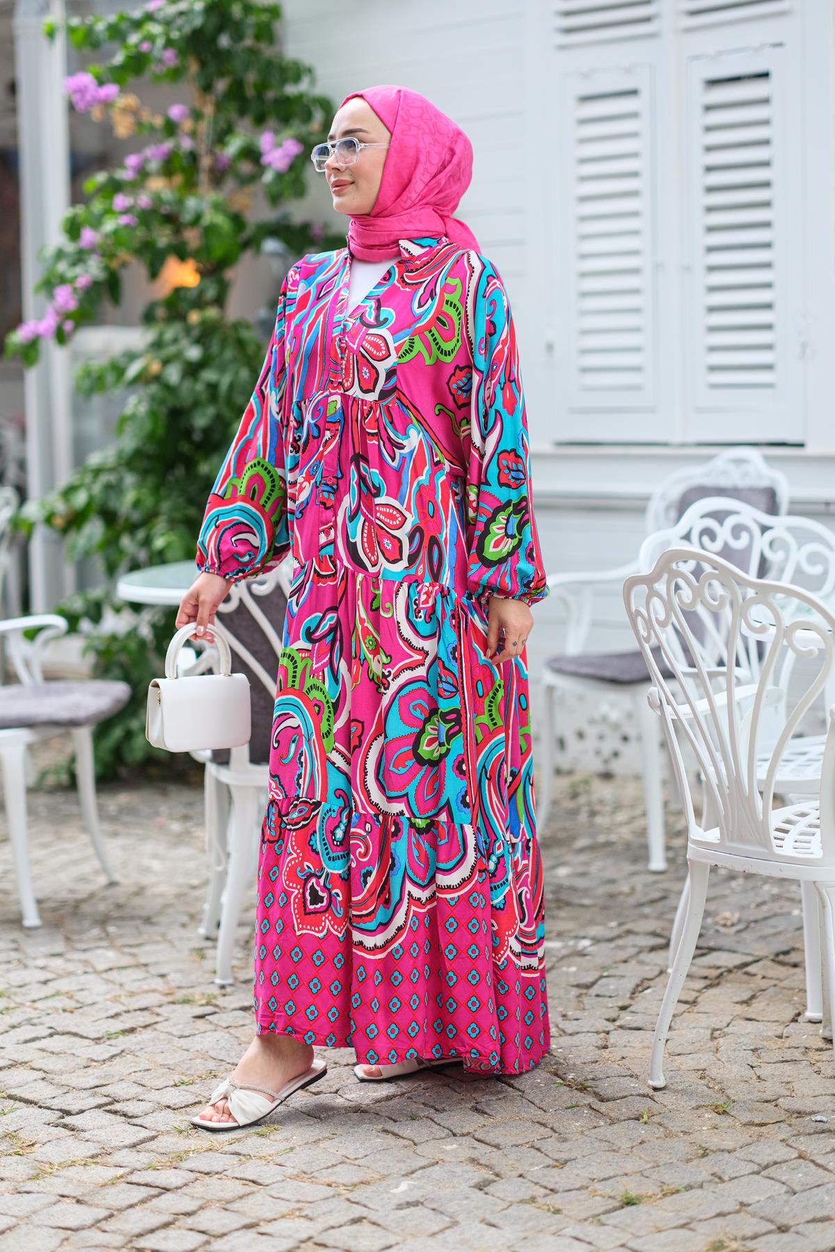 Şekil Desen Elbise Fuşya