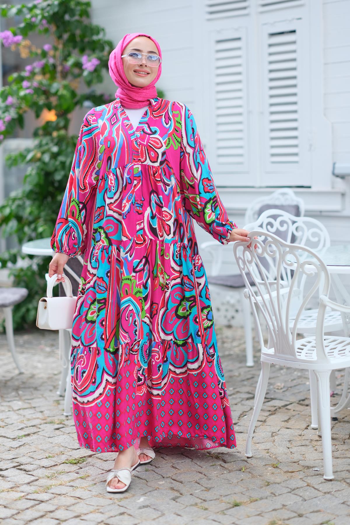 Şekil Desen Elbise Fuşya