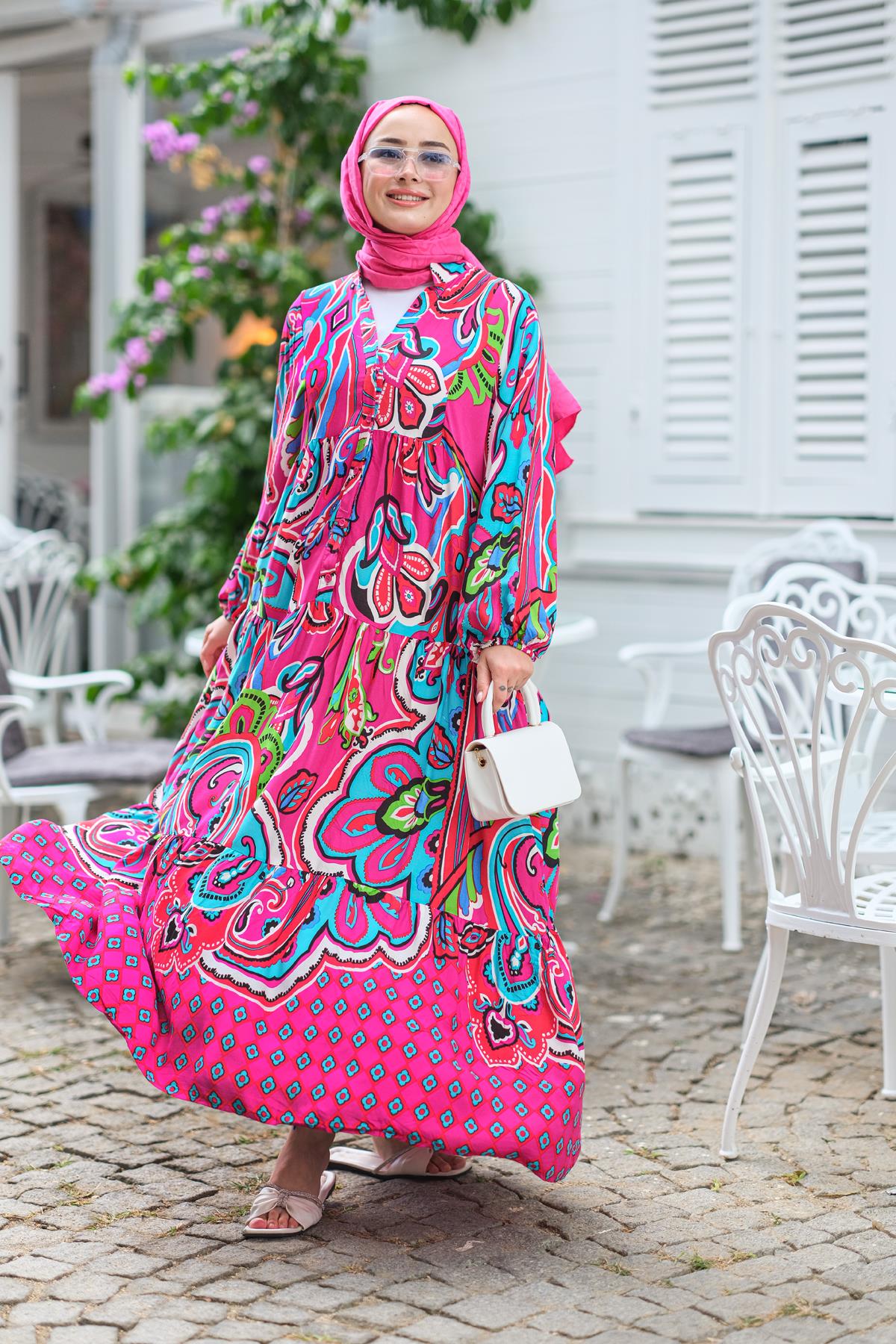 Şekil Desen Elbise Fuşya