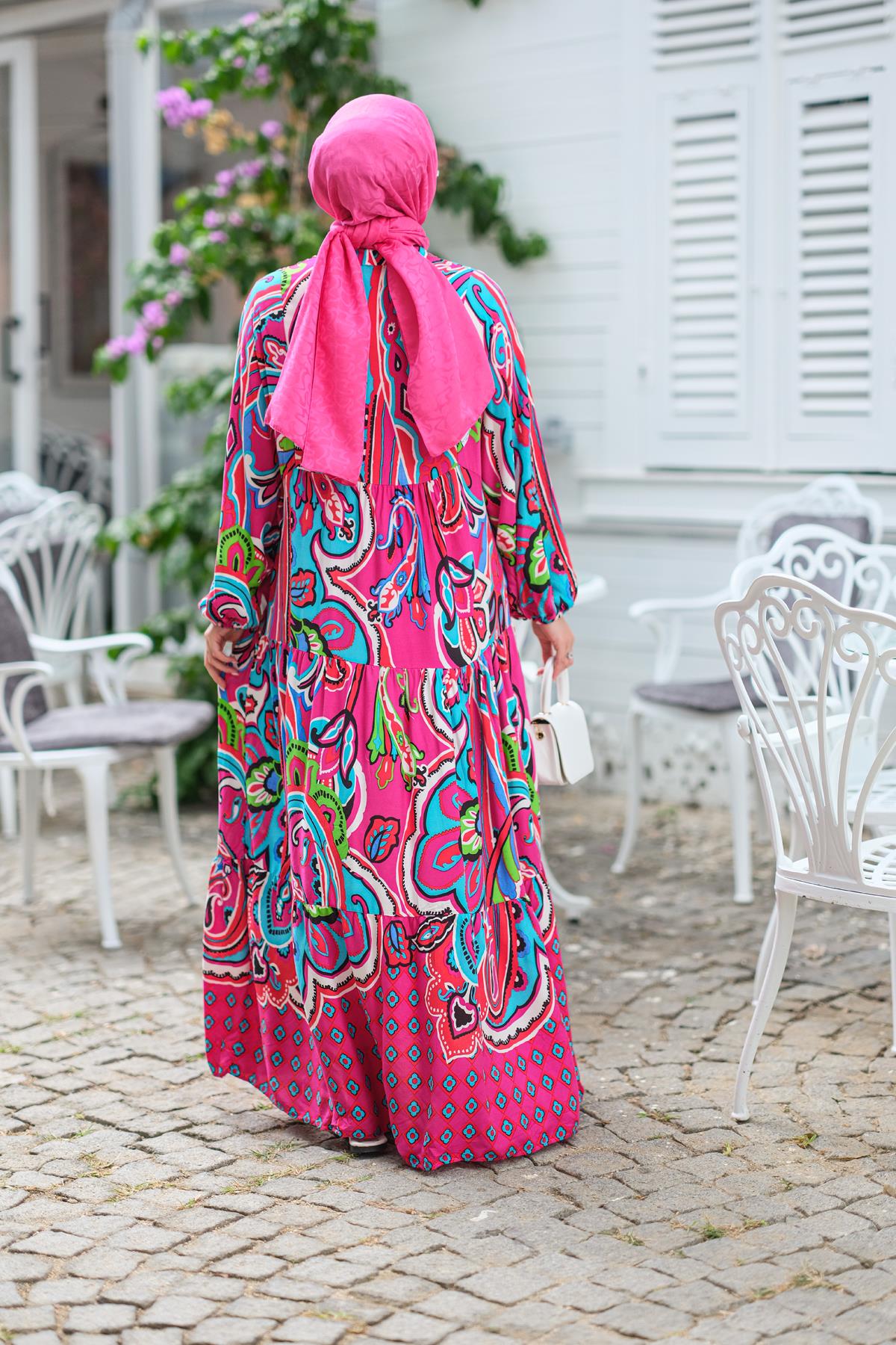 Şekil Desen Elbise Fuşya