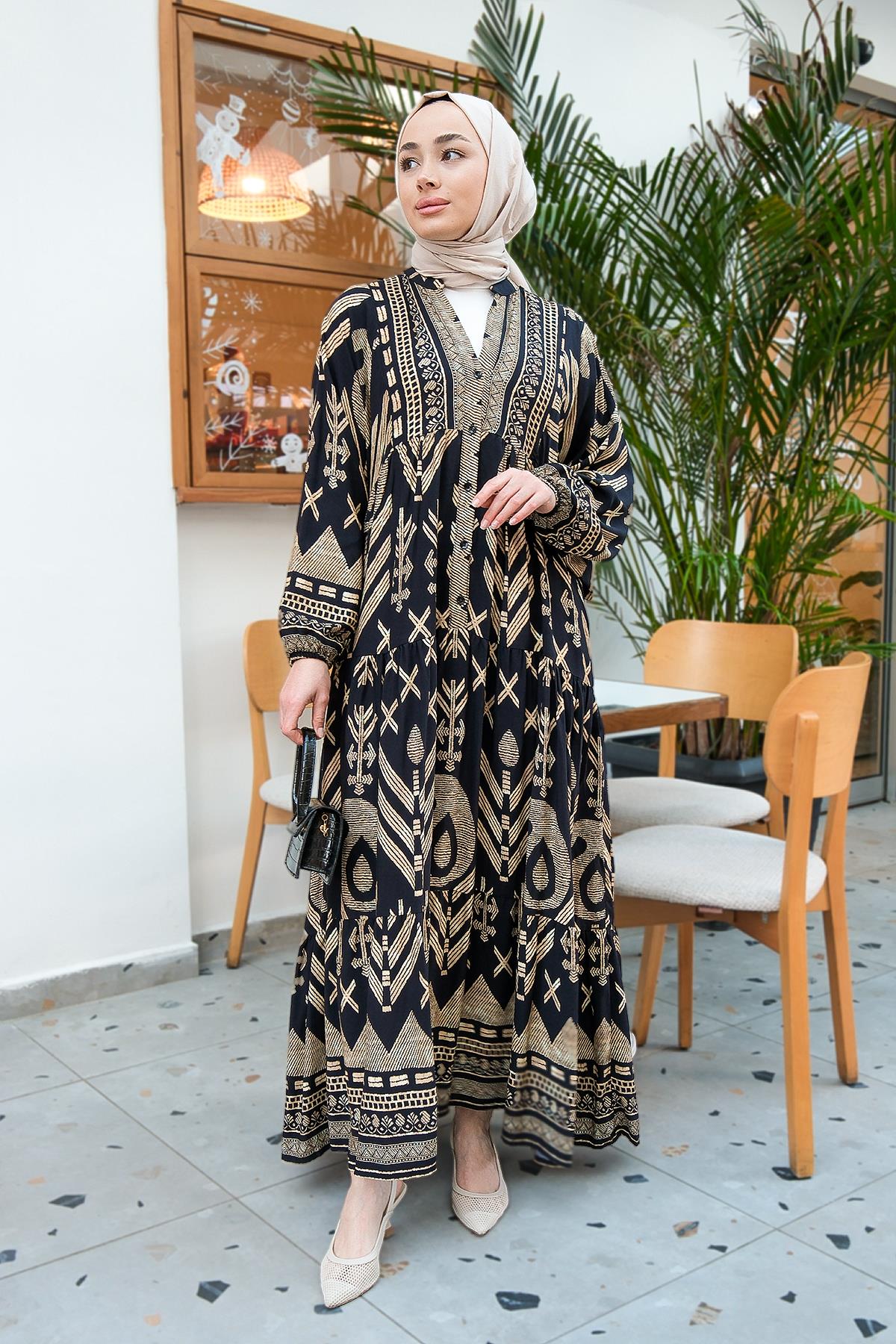 Şekil Desen Elbise  Siyah