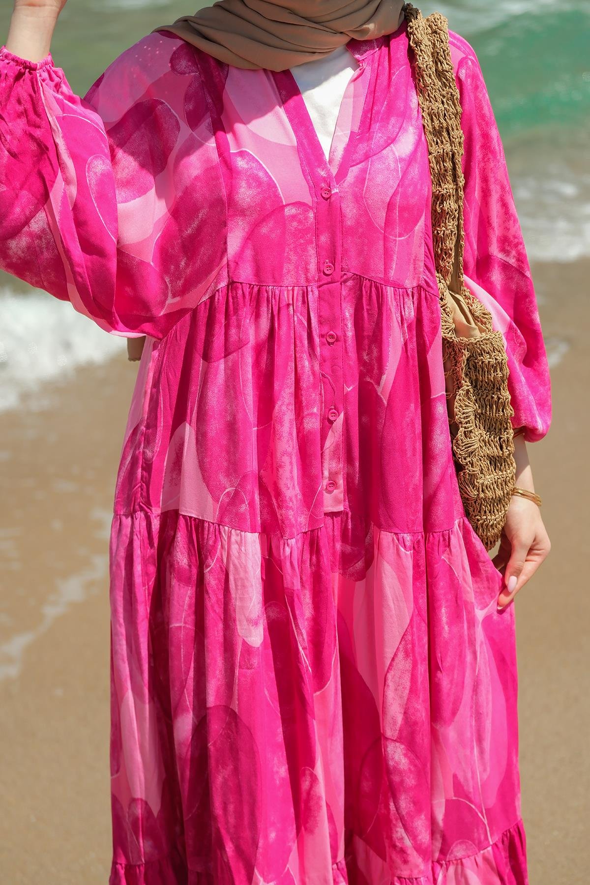 Şekil Desenli Elbise Fuşya