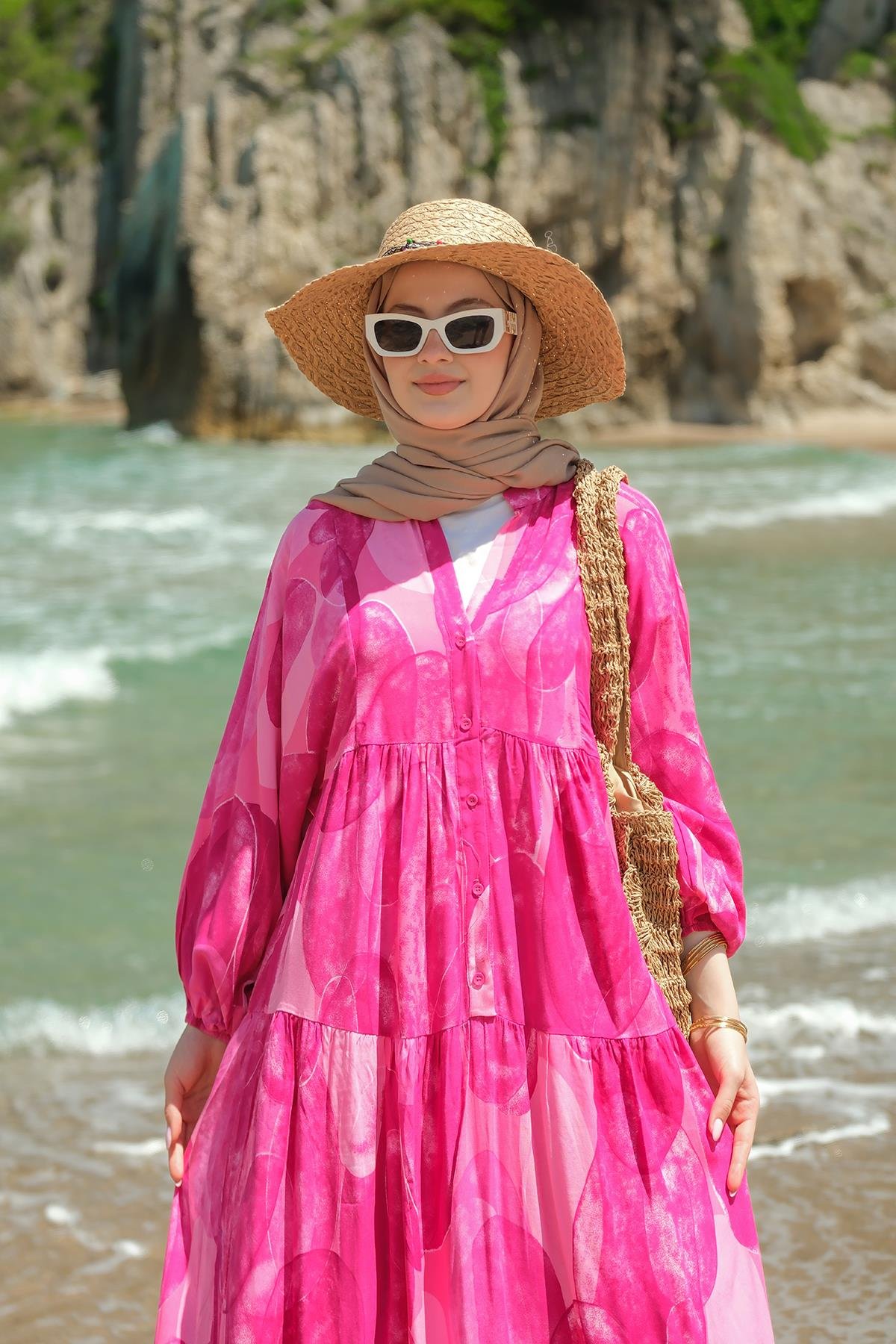 Şekil Desenli Elbise Fuşya