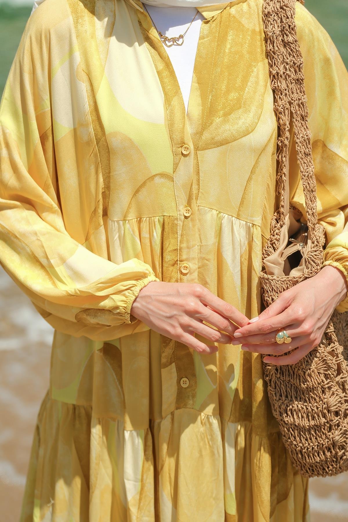 Şekil Desenli Elbise Sarı