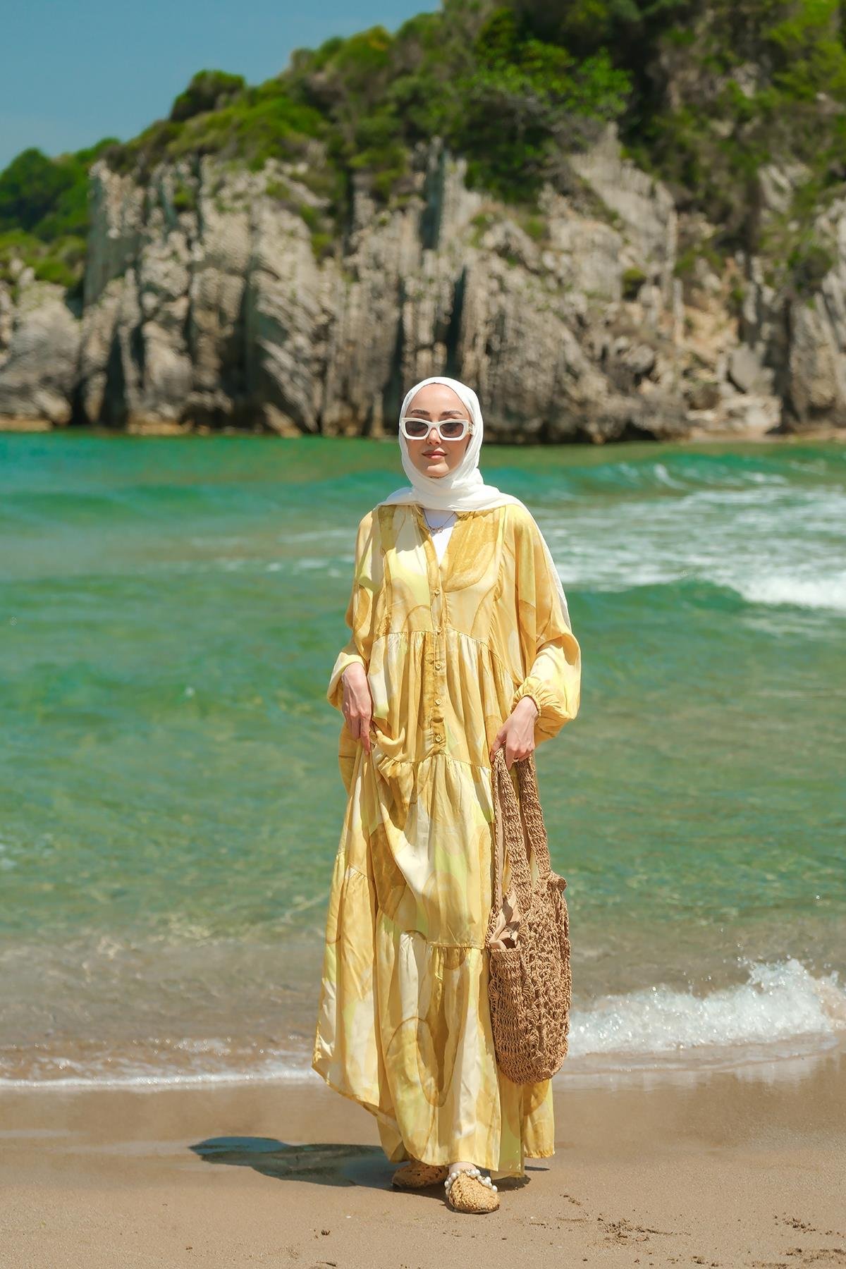 Şekil Desenli Elbise Sarı