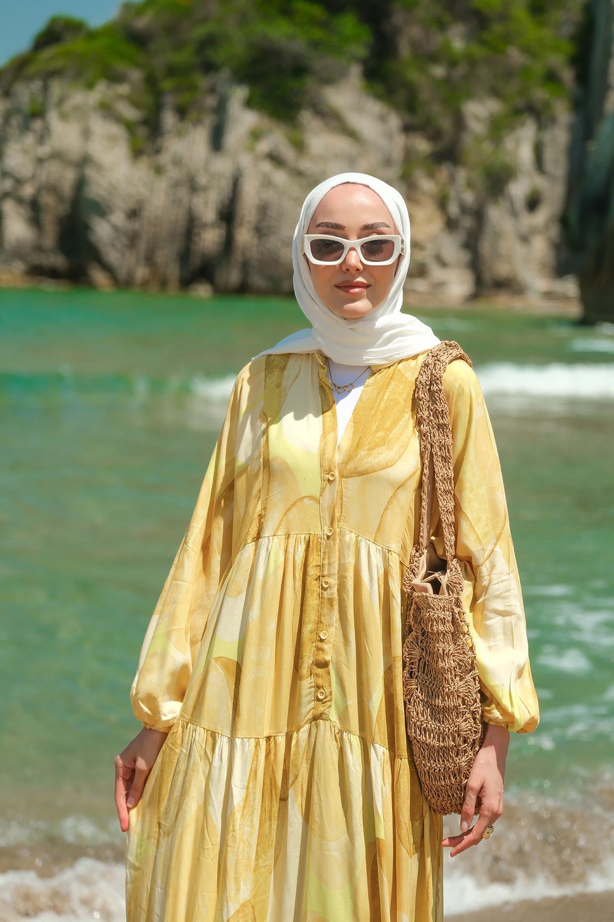 Şekil Desenli Elbise Sarı