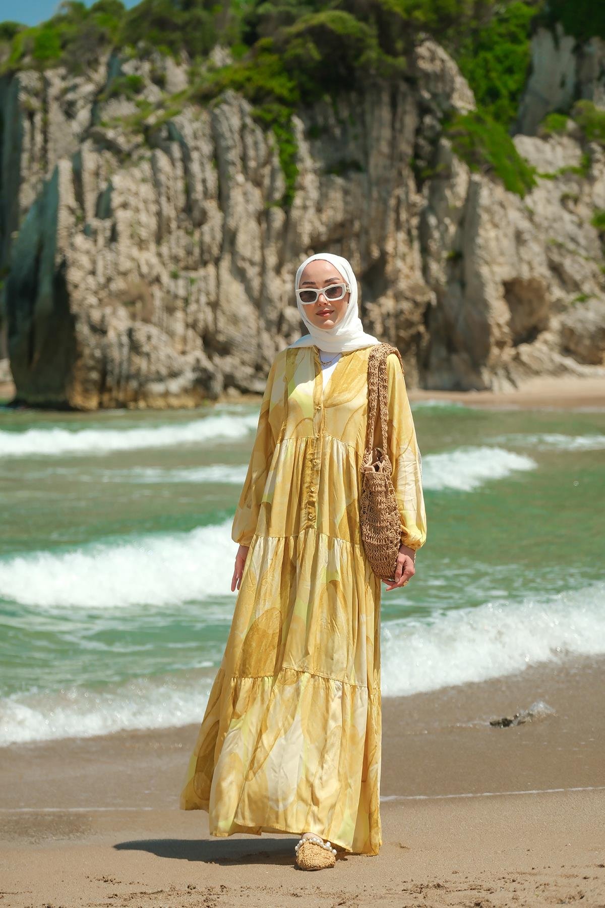 Şekil Desenli Elbise Sarı