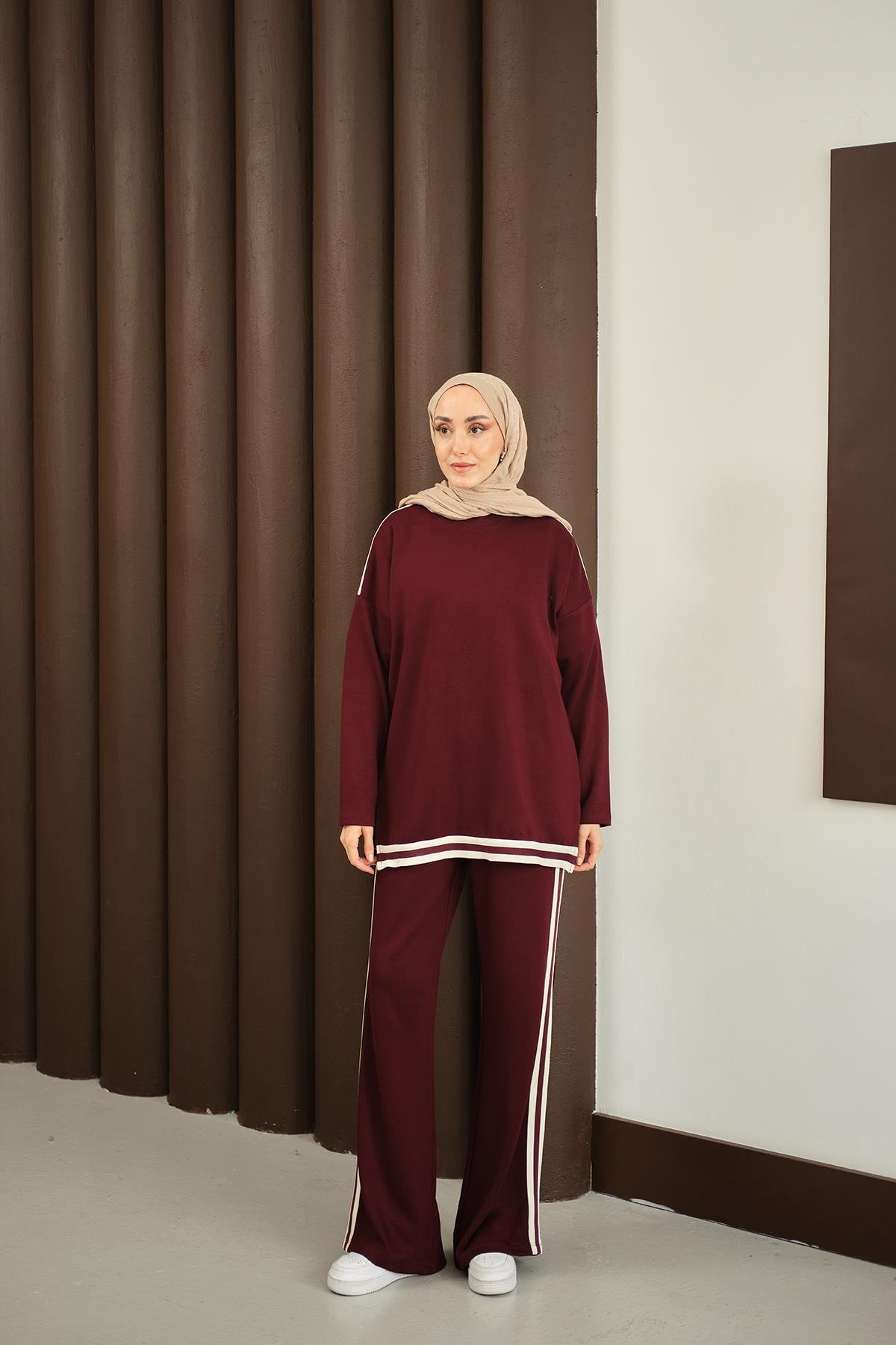 Şeritli İkili Takım Bordo