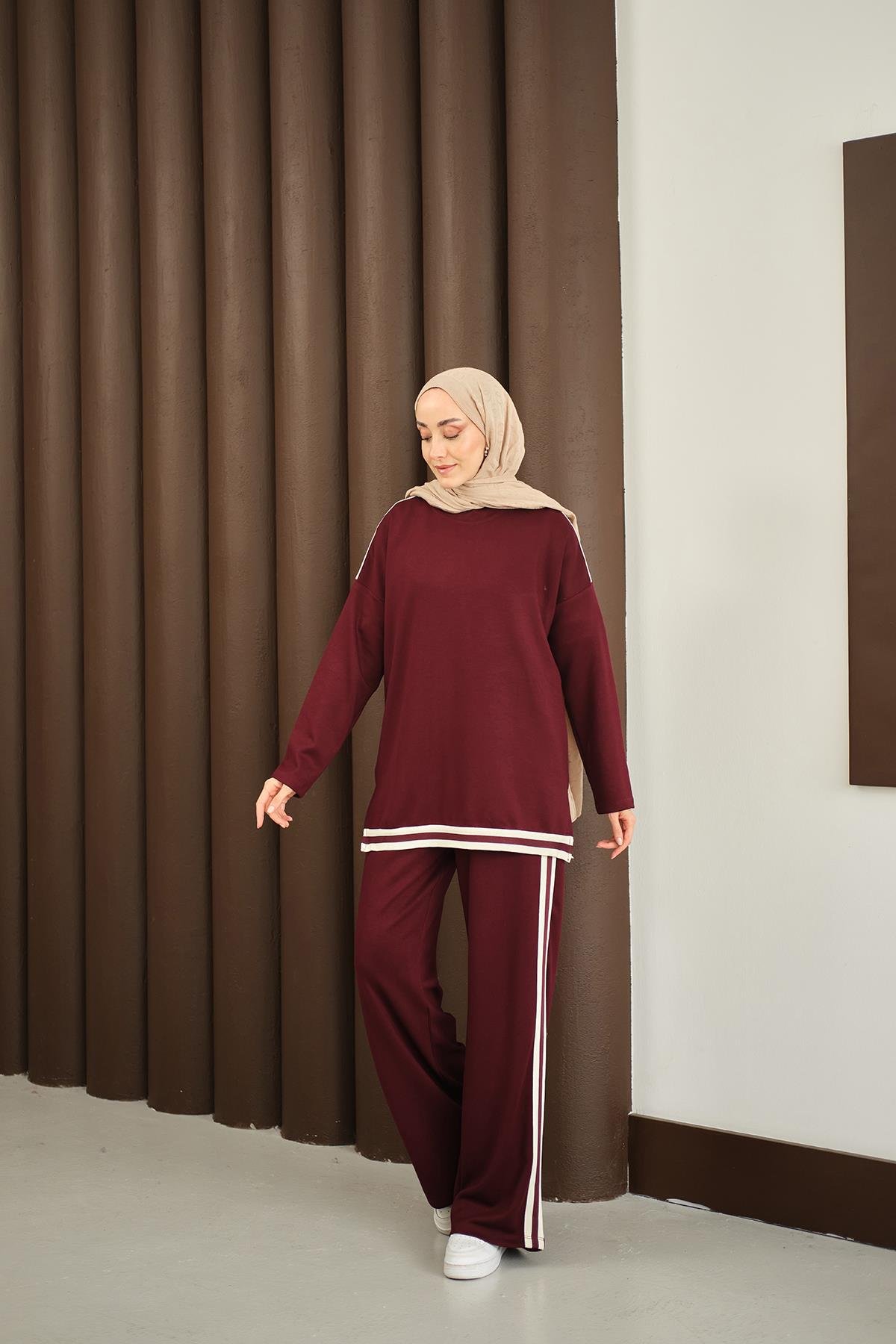 Şeritli İkili Takım Bordo