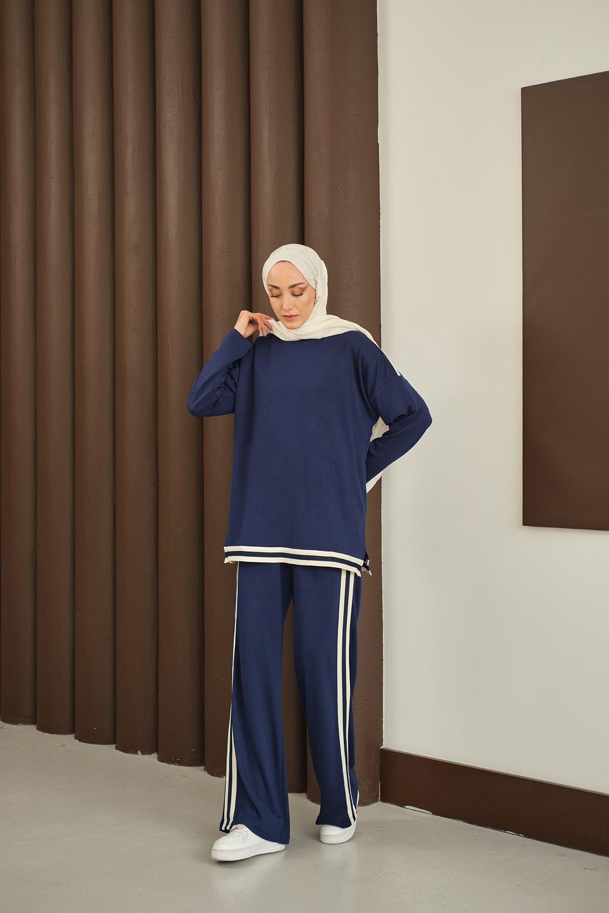 Şeritli İkili Takım Lacivert