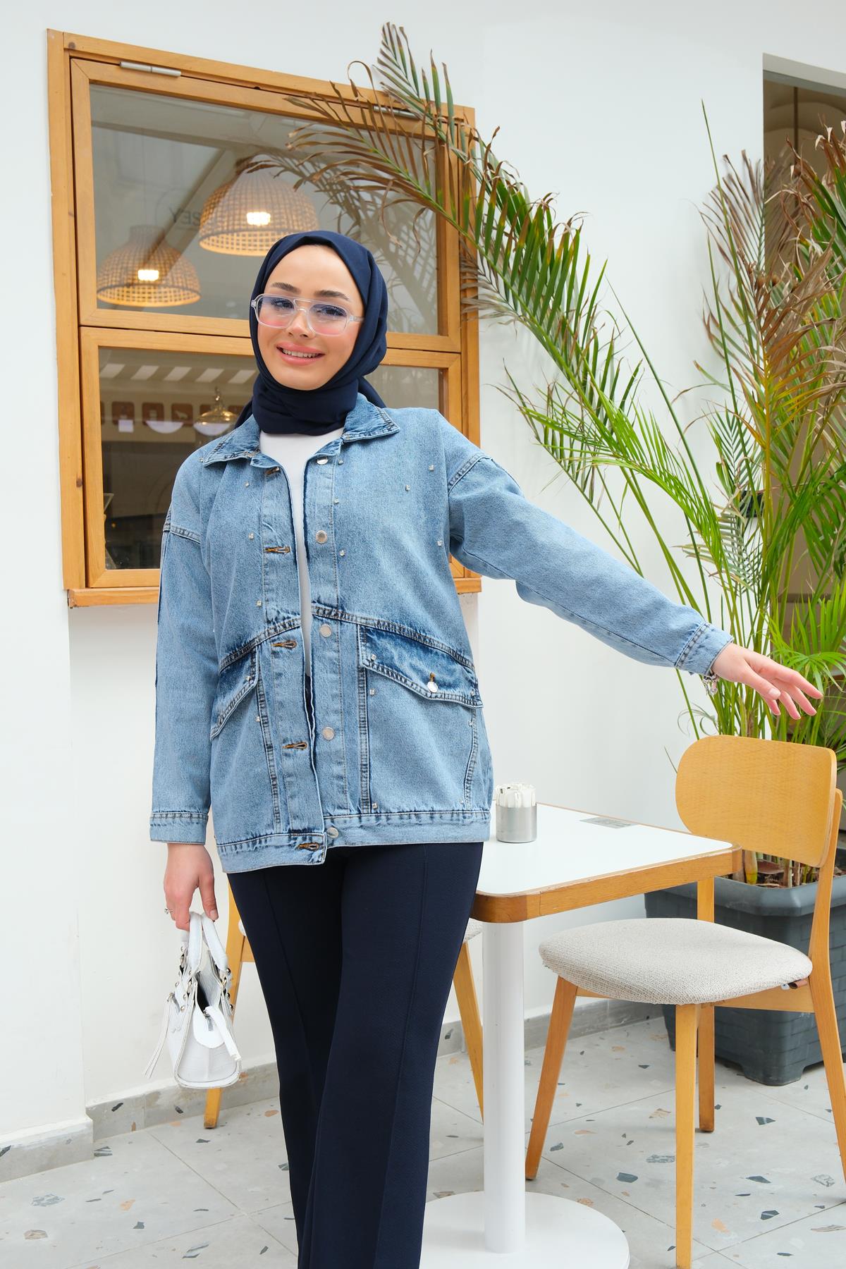 Serpme Taş Detay Kot Ceket Buz Mavi