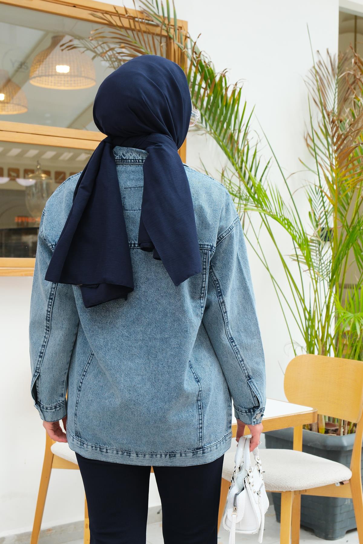 Serpme Taş Detay Kot Ceket Buz Mavi