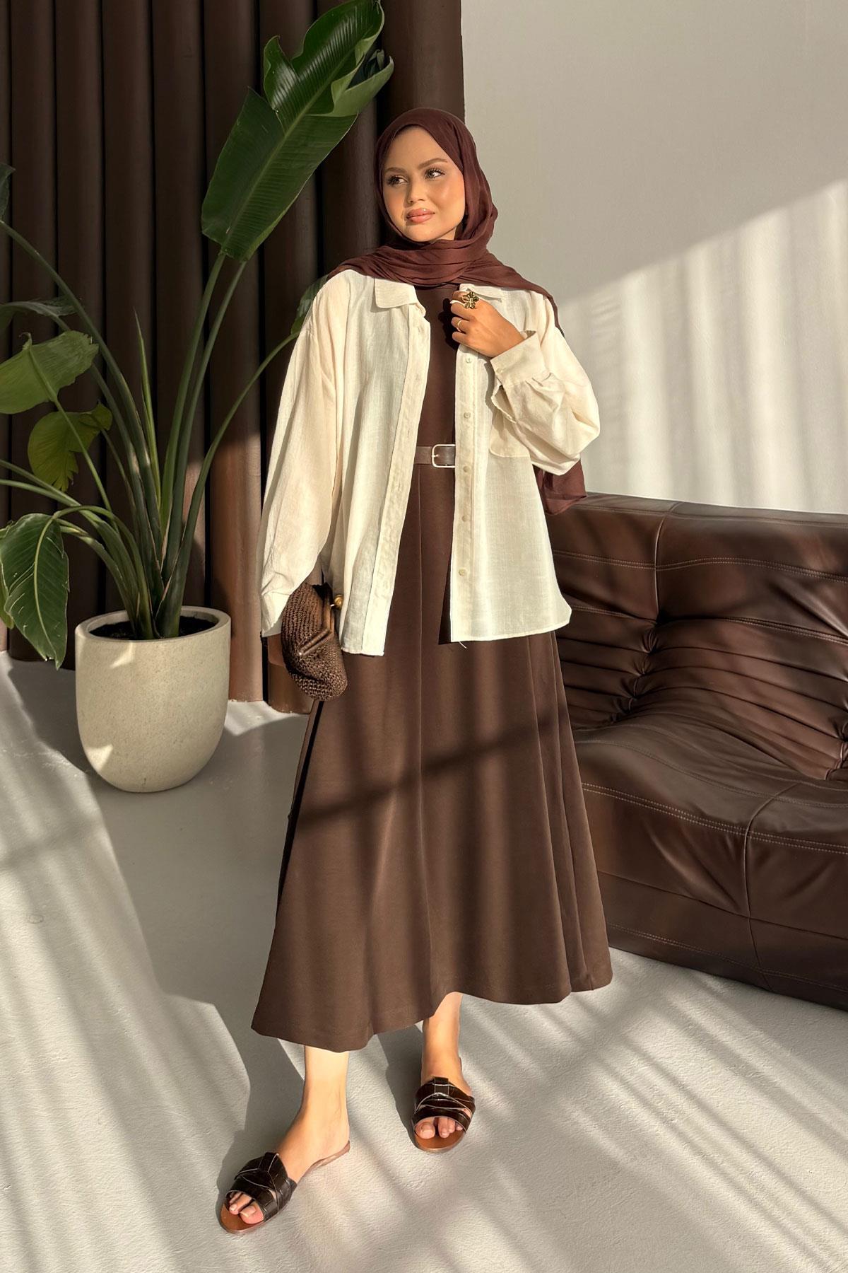 Sıfır Kol Elbise Kahverengi