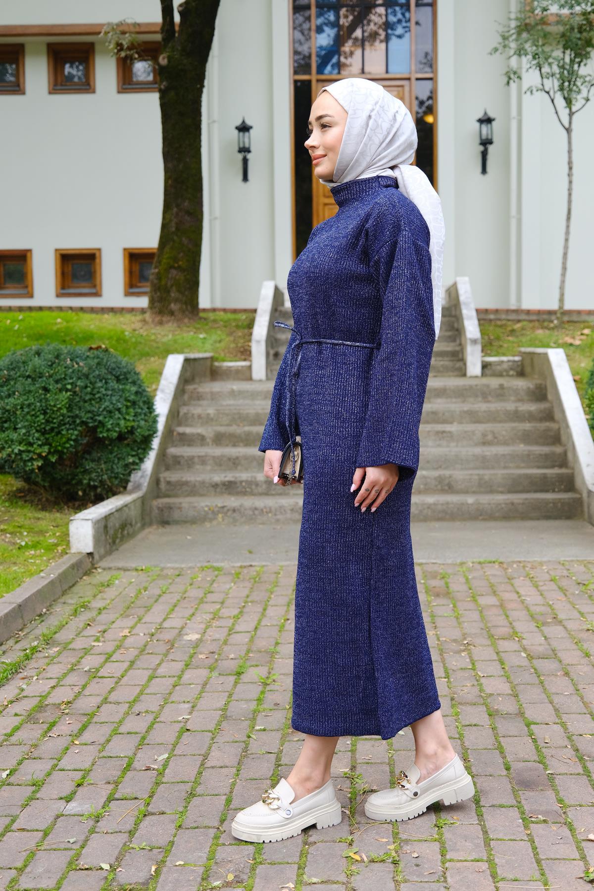 Sim Detay Bel Bağlamalı Elbise Lacivert