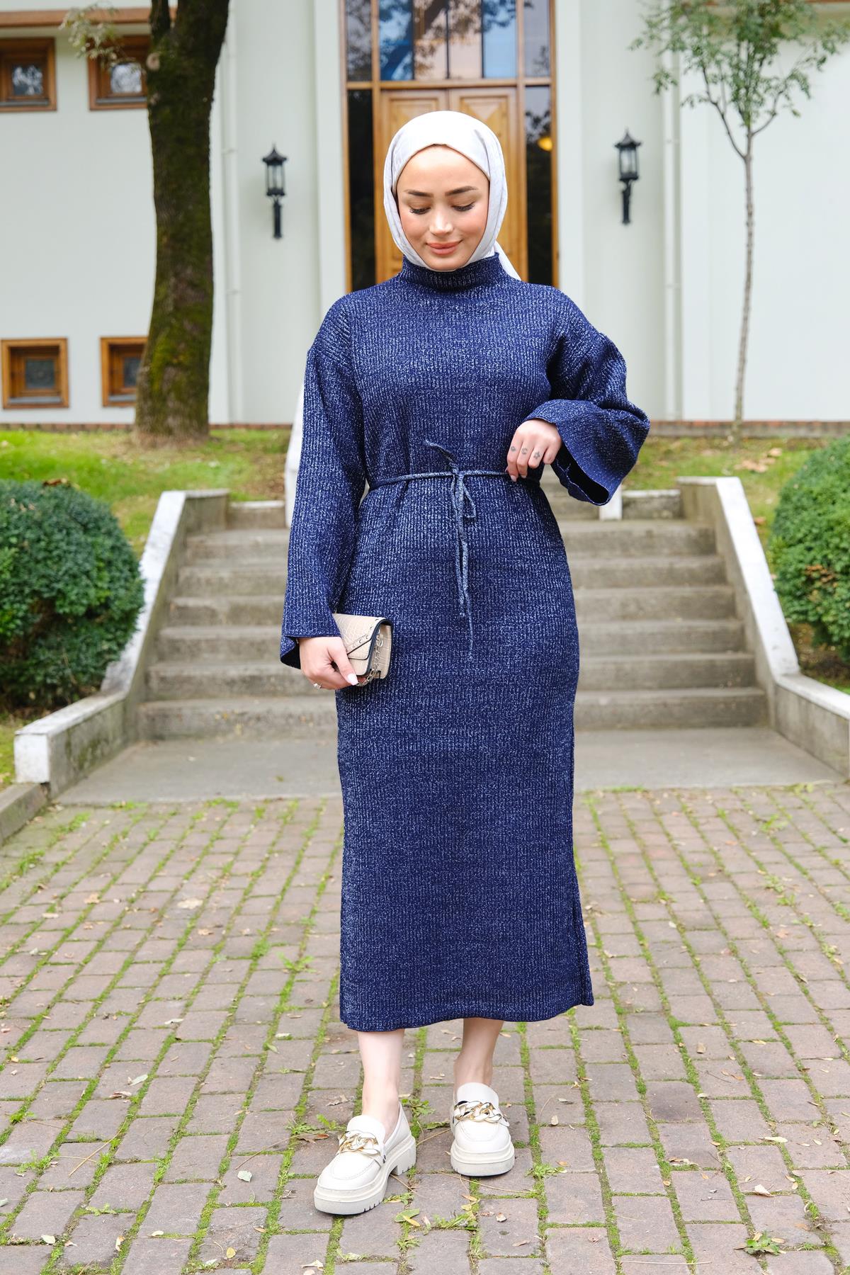 Sim Detay Bel Bağlamalı Elbise Lacivert