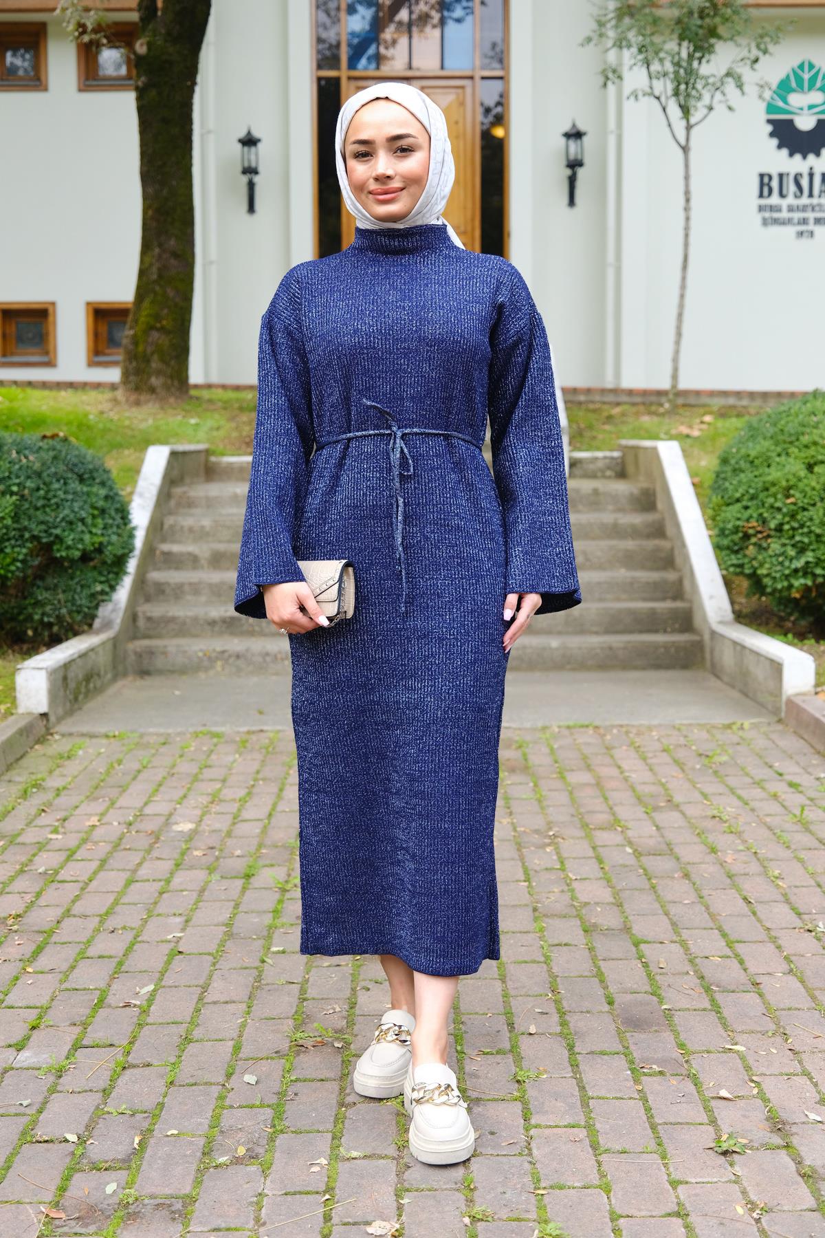Sim Detay Bel Bağlamalı Elbise Lacivert