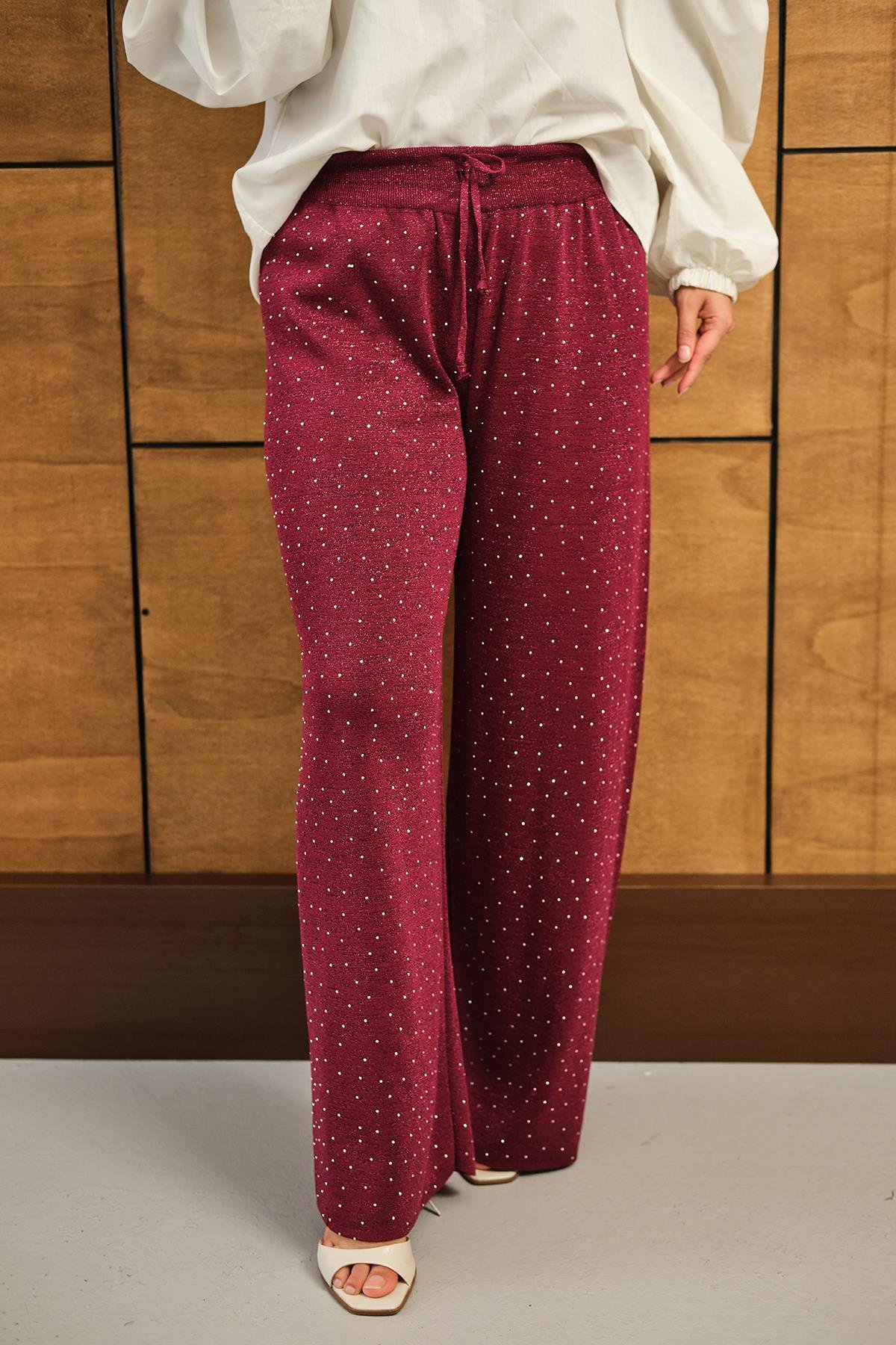 Sim Detay Taşlı Triko Pantolon Bordo