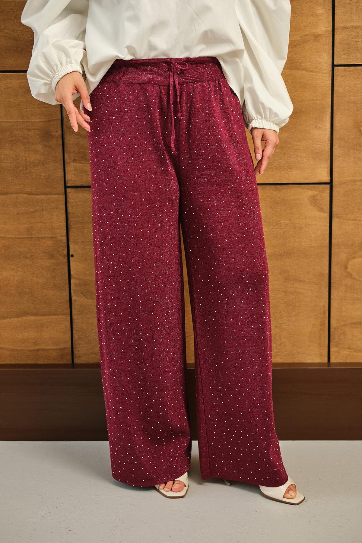 Sim Detay Taşlı Triko Pantolon Bordo