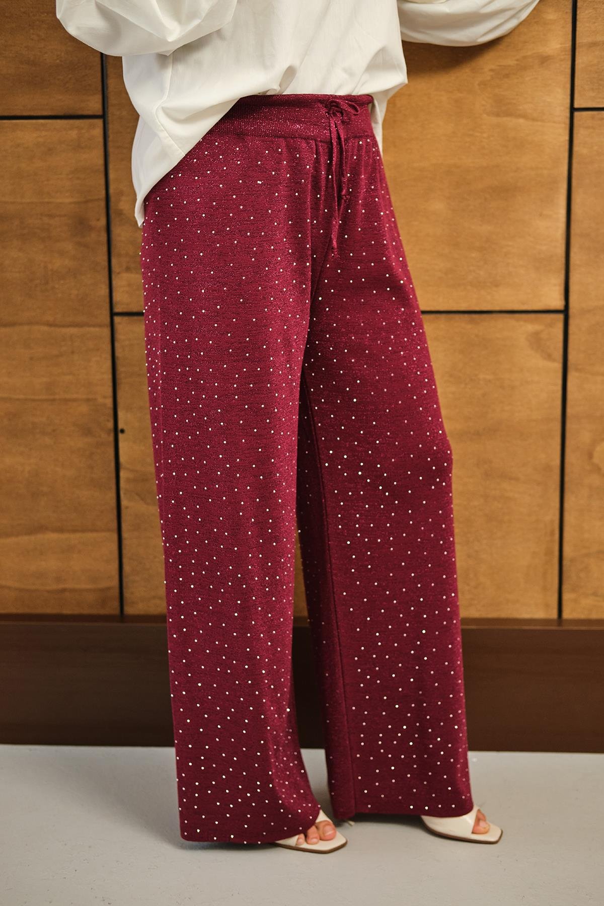 Sim Detay Taşlı Triko Pantolon Bordo