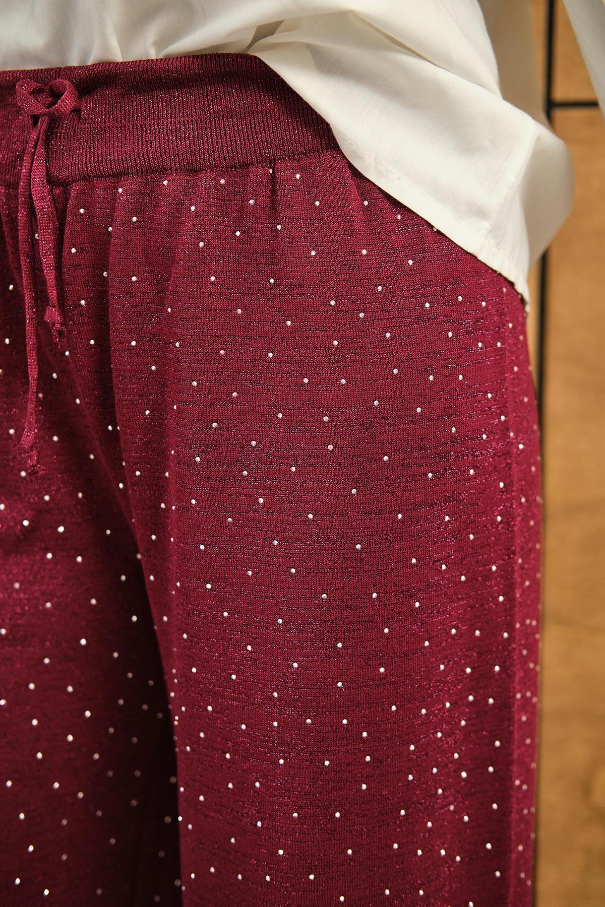 Sim Detay Taşlı Triko Pantolon Bordo