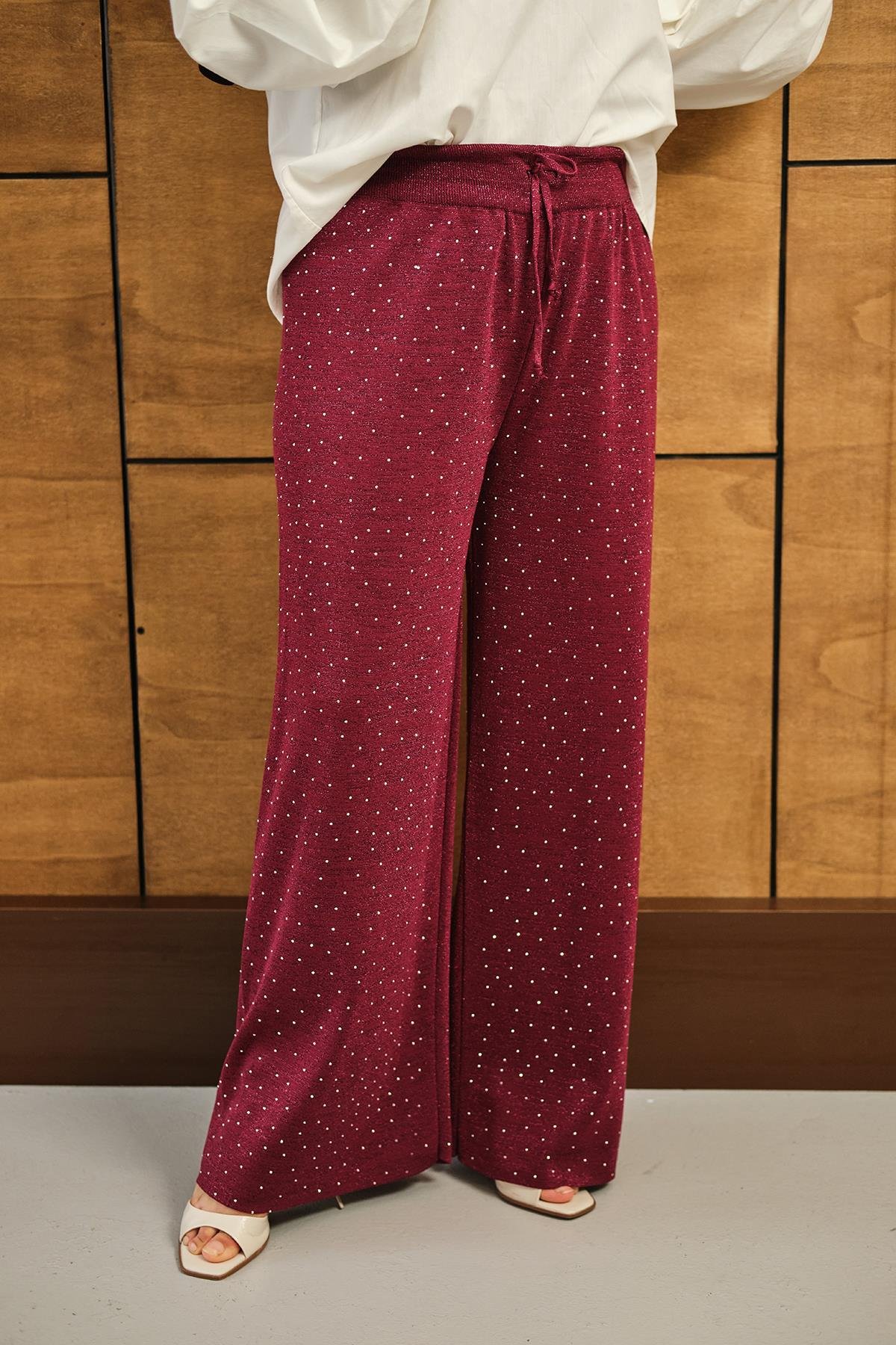 Sim Detay Taşlı Triko Pantolon Bordo