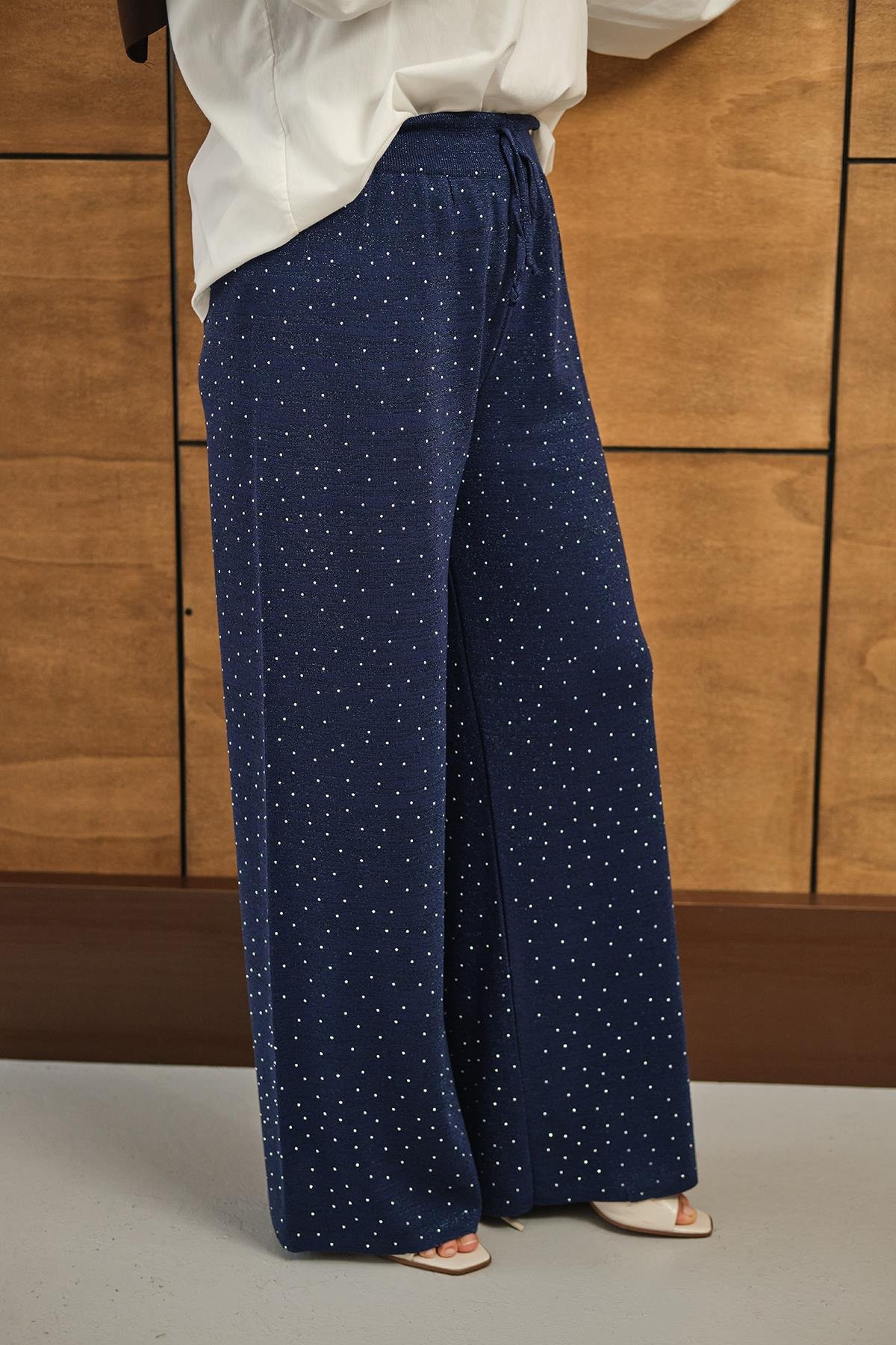 Sim Detay Taşlı Triko Pantolon Lacivert