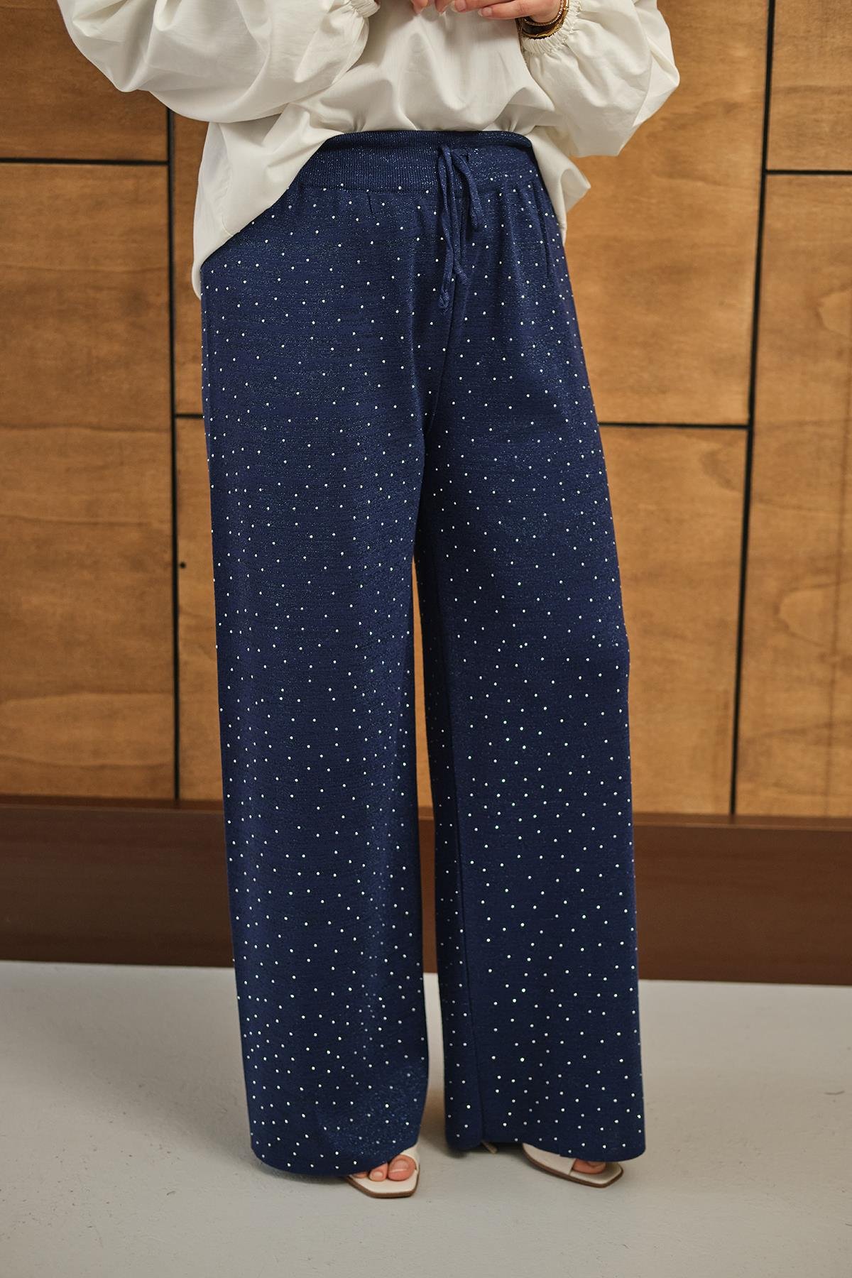 Sim Detay Taşlı Triko Pantolon Lacivert